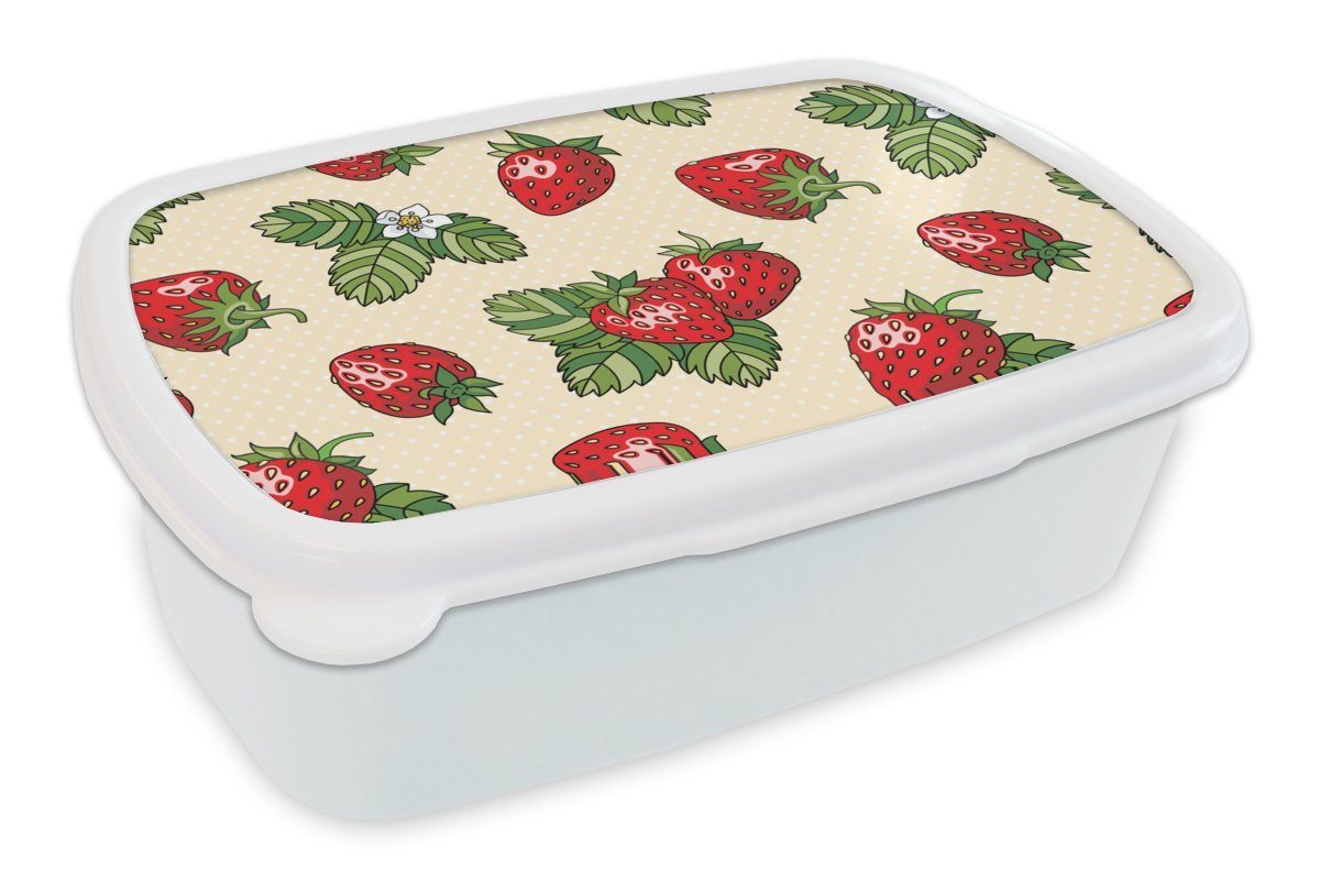 MuchoWow Lunchbox Erdbeeren - Obst - Muster, Kunststoff, (2-tlg), Brotbox für Kinder und Erwachsene, Brotdose, für Jungs und Mädchen weiß