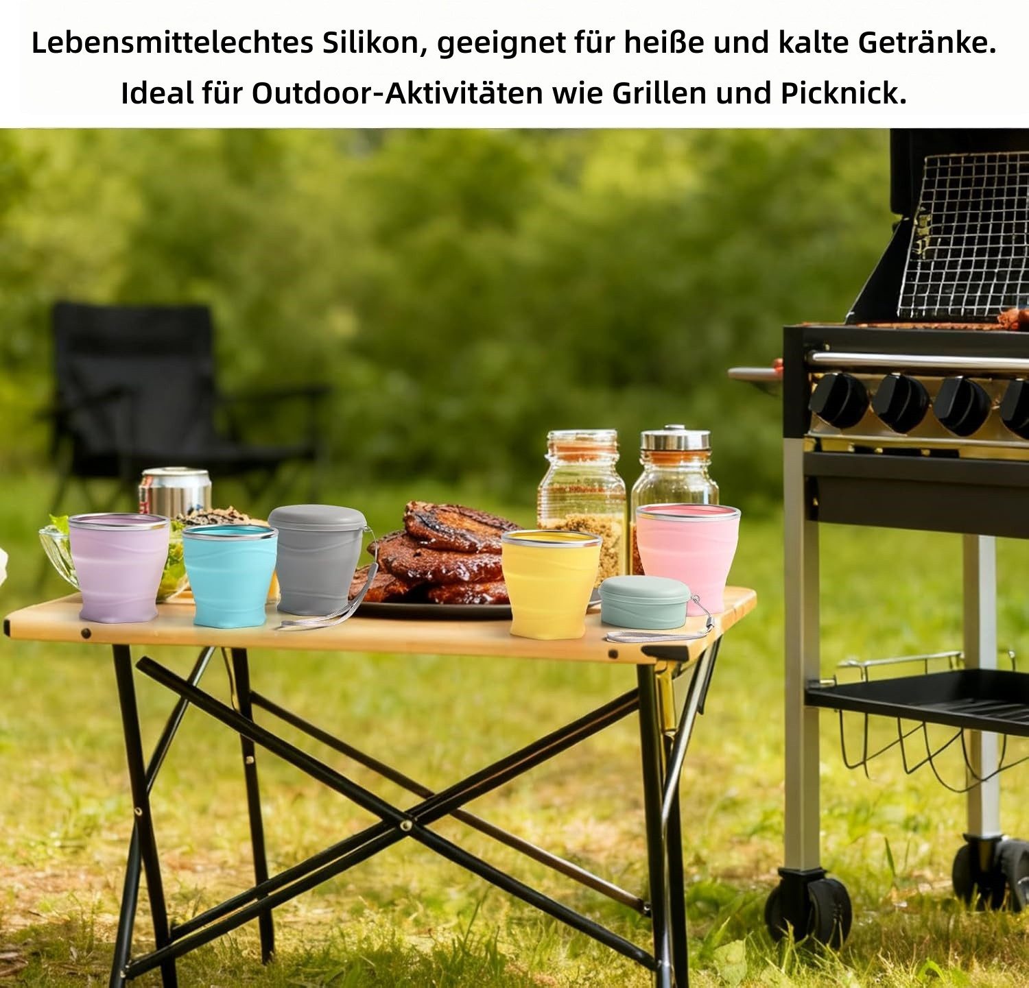 FOUORTUNATE-BEE Thermobecher Faltbarer Silikonbecher 260 ml – mit Deckel, wiederverwendbar, Tragbarer Reisebecher für Camping, Picknick, Büro und unterwegs – Bild 4 von 5