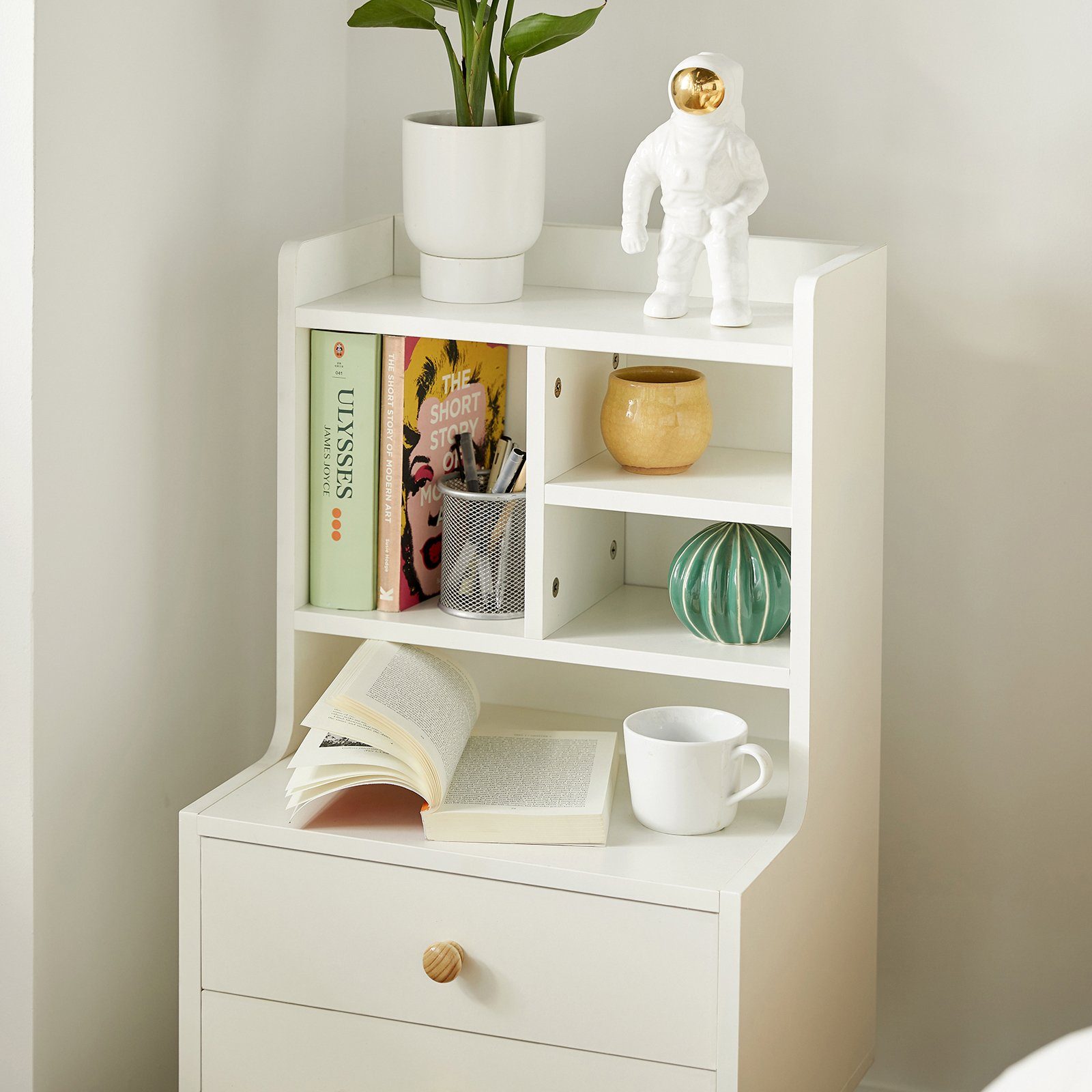 SoBuy Nachttisch FBT100, Nachtschrank mit Kiefernholzbeinen, Schlafzimmer Wohnzimmer, mit 2 Schubladen, Nachtschrank schmal, Beistelltisch, offenes Fach – Bild 5 von 5