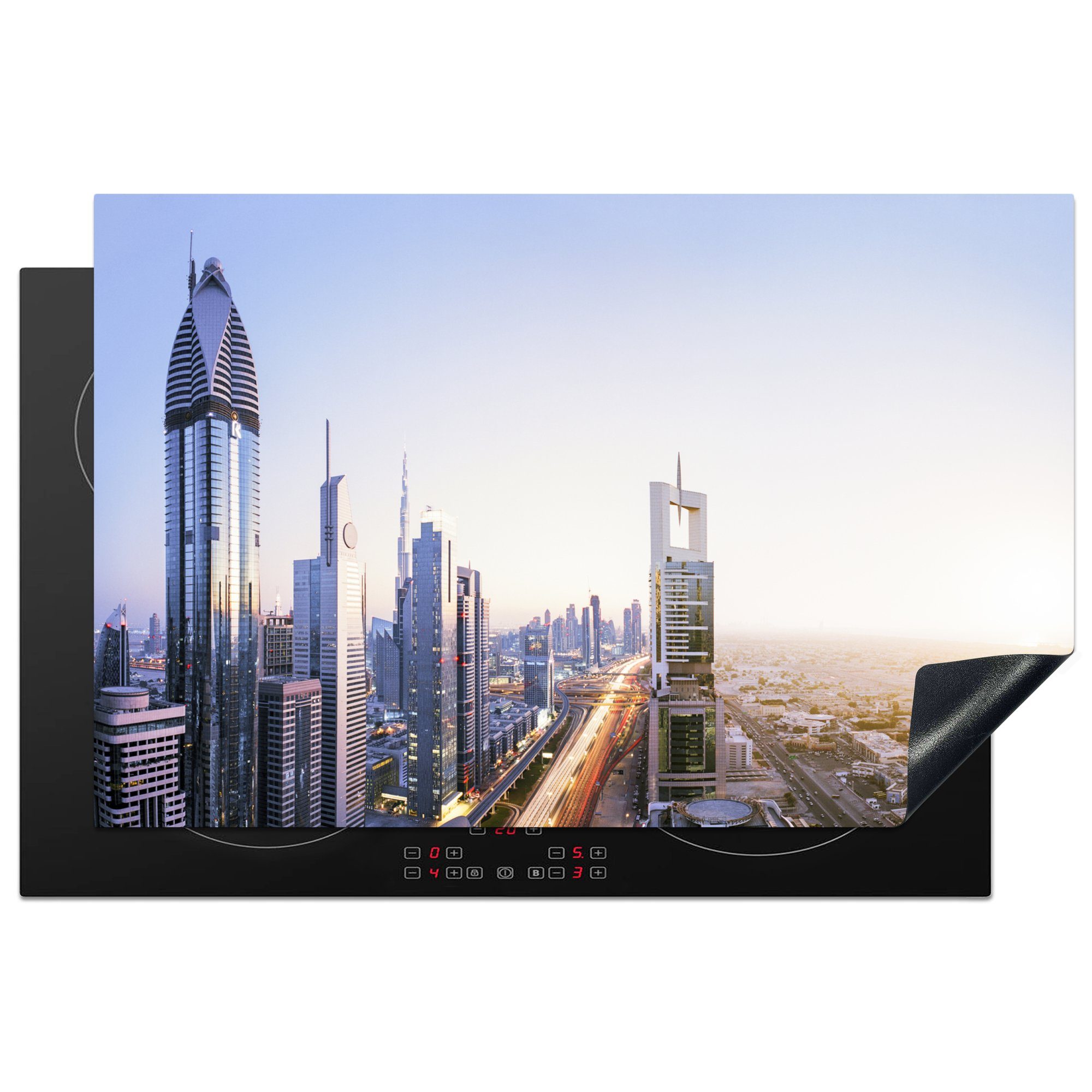 Induktionskochfeld Dubai, tlg), Vinyl, MuchoWow Die sonnigen an Sheikh Schutz durch Zayed 81x52 (1 Road einem Tag führt die für cm, küche, Ceranfeldabdeckung Herdblende-/Abdeckplatte