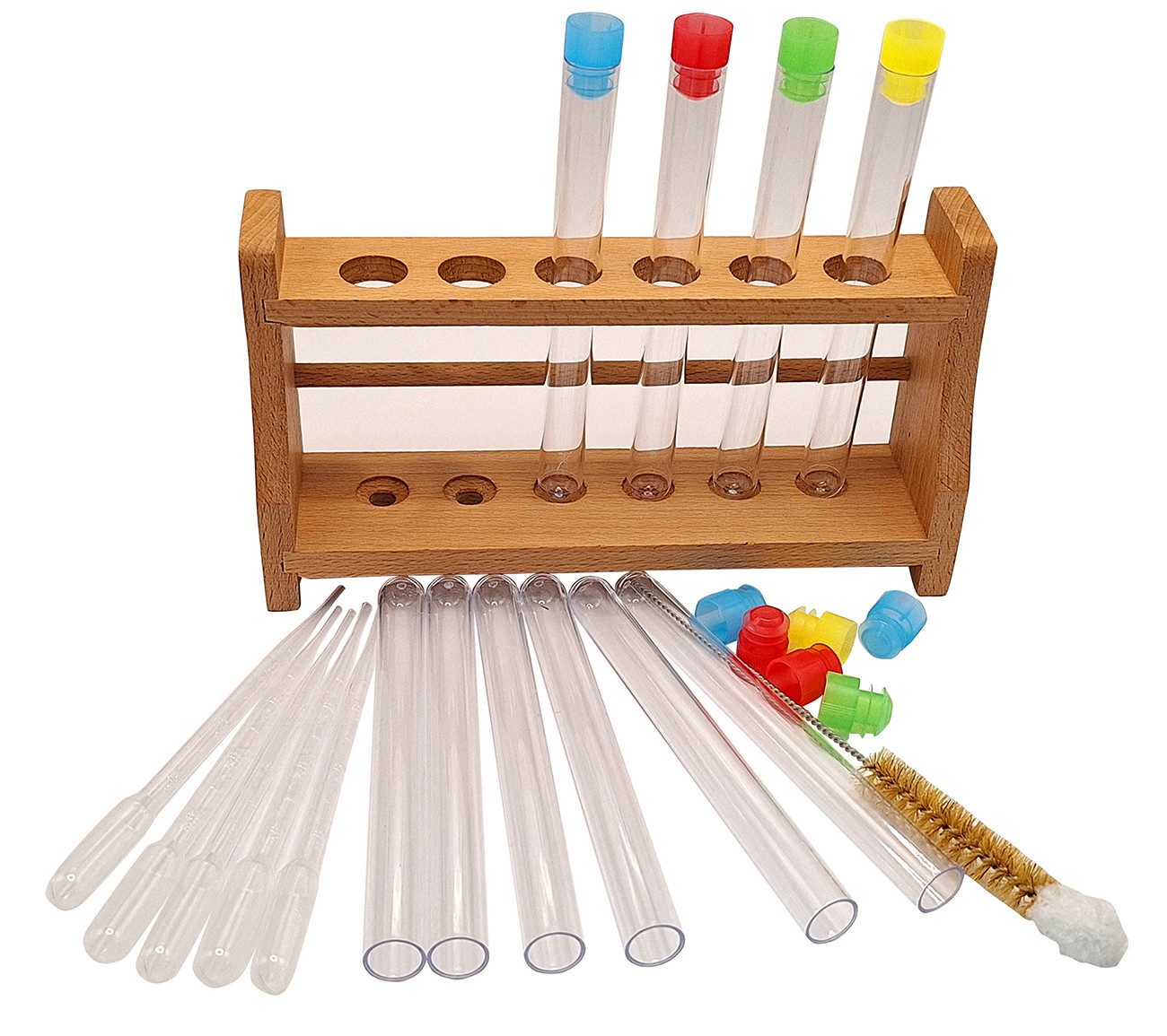 myExperimentSet Experimentierkasten Labor Basis Set mit Reagenzglasgestell aus Holz, (1-tlg., Reagenzgläser/bunte Stopfen, Reagenzglasgestell Holz, Bürste, Pipetten)