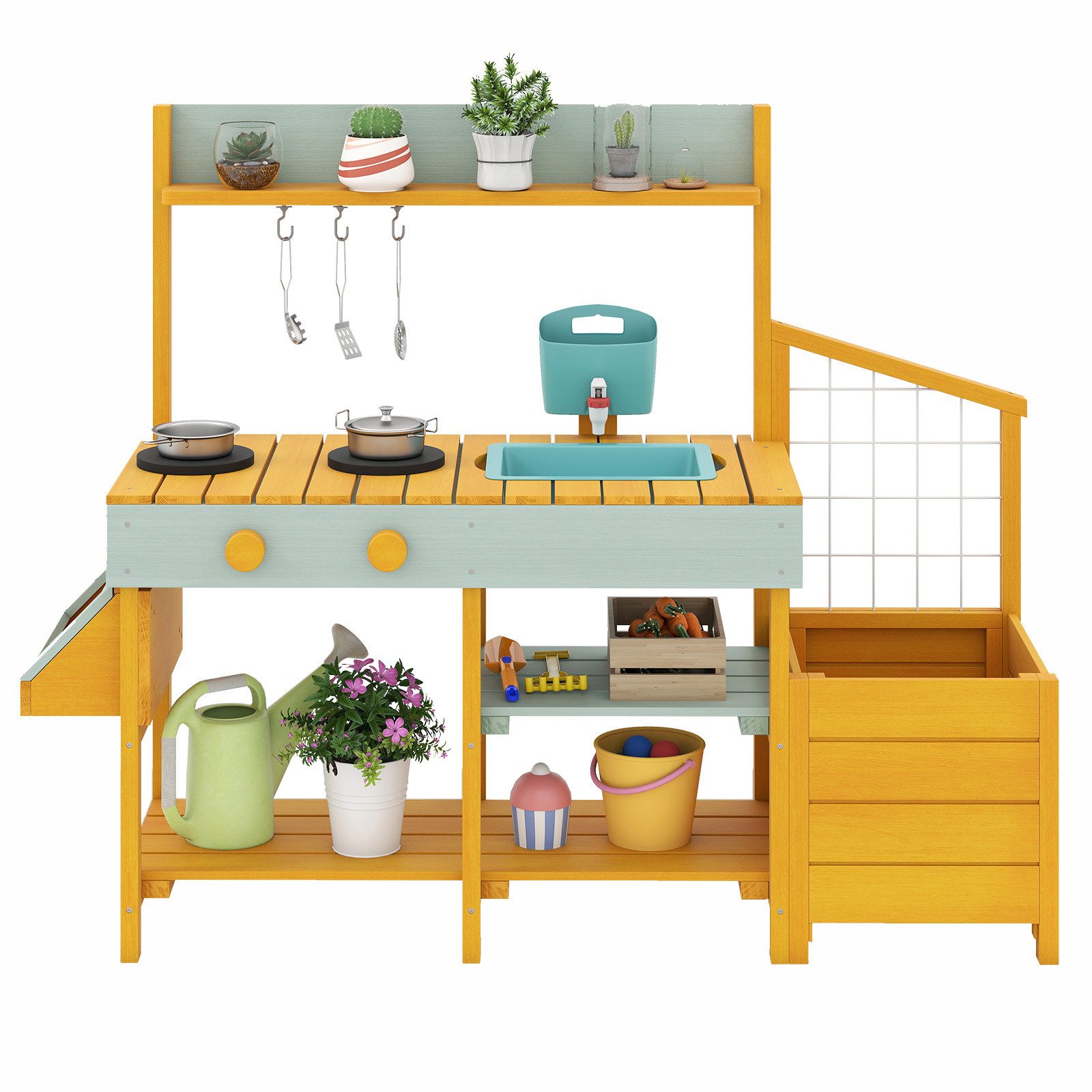 KOMFOTTEU Spielküche, Kinderküche Matschküche mit Pflanzkasten & Rankgitter