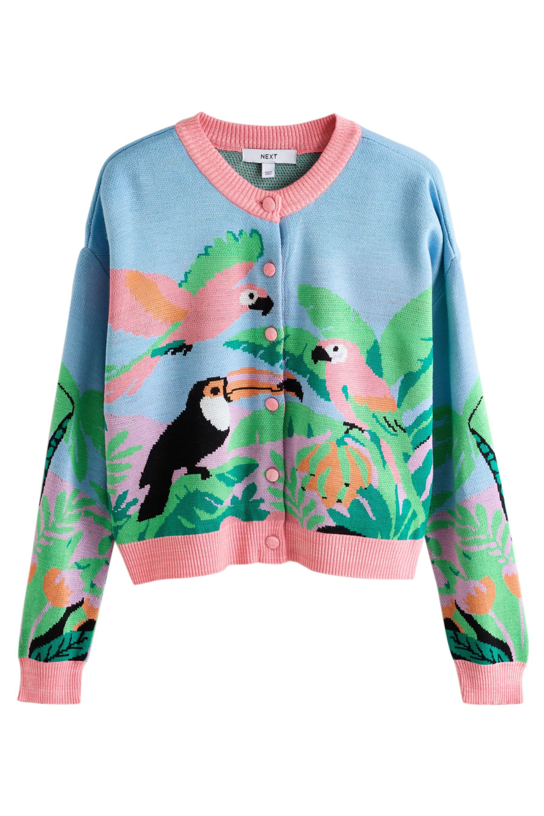 Next Strickjacke Strickjacke mit tropischem Vogelmuster (1-tlg)