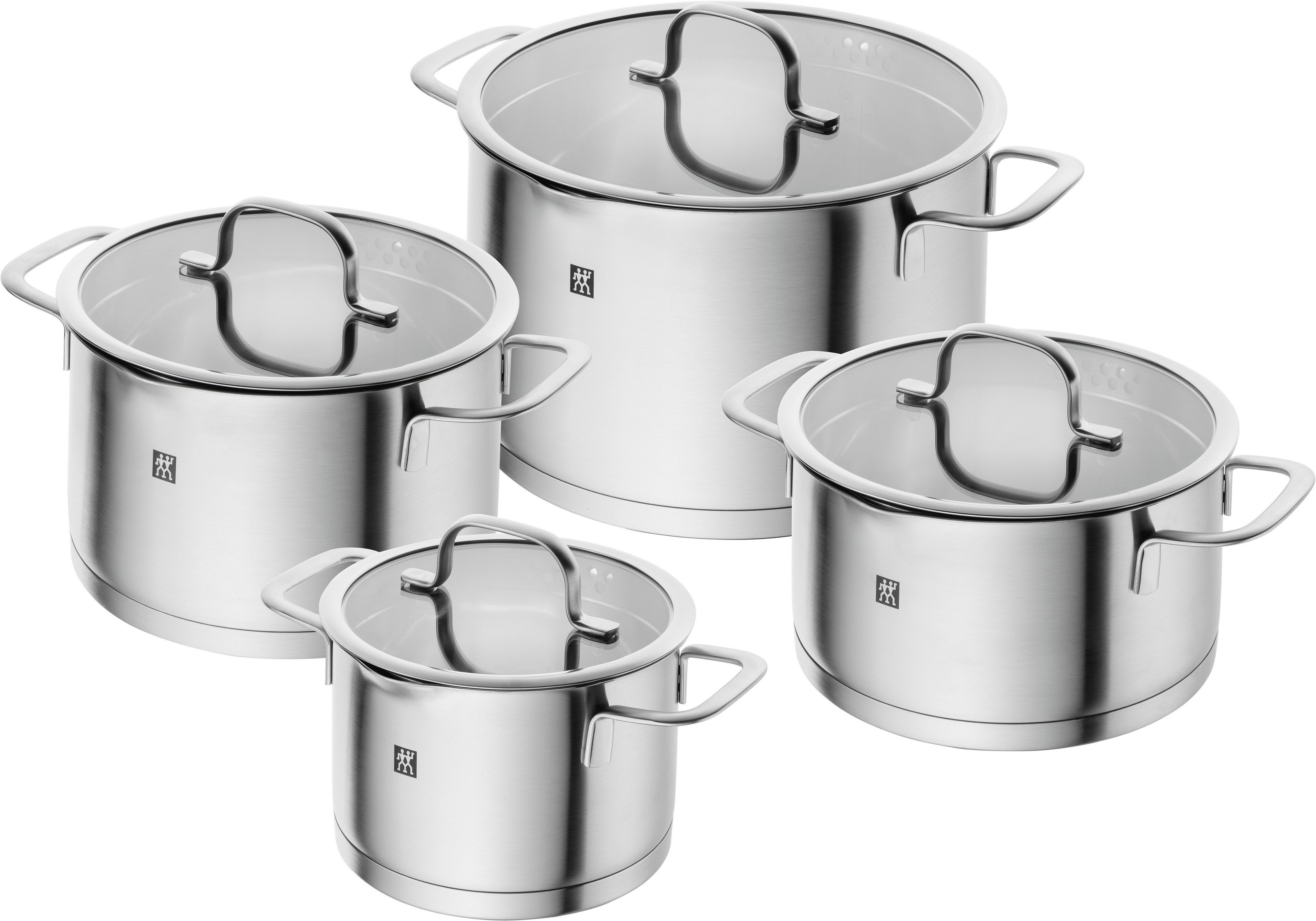 Zwilling Topf-Set TrueFlow, Edelstahl (Set, 4-tlg), 18/10 Edelstahl, integrierte Siebfunktion, Induktion, 4-tlg.