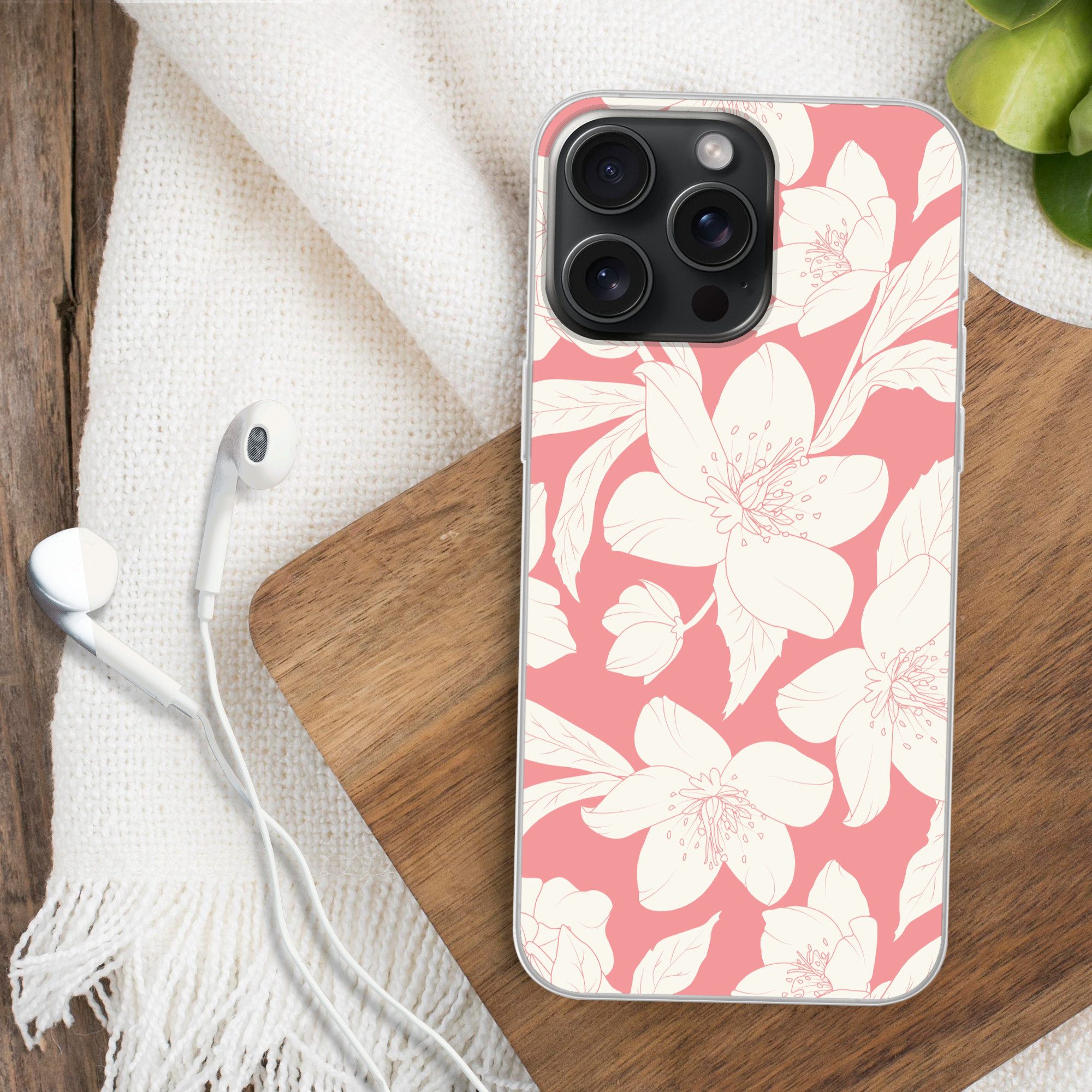 MuchoWow Handyhülle für Apple iPhone 15 Pro Max Blumen - Muster - Rosa - Weiß, Smartphone-Bumper, Print, Handy Schutzhülle Dünn