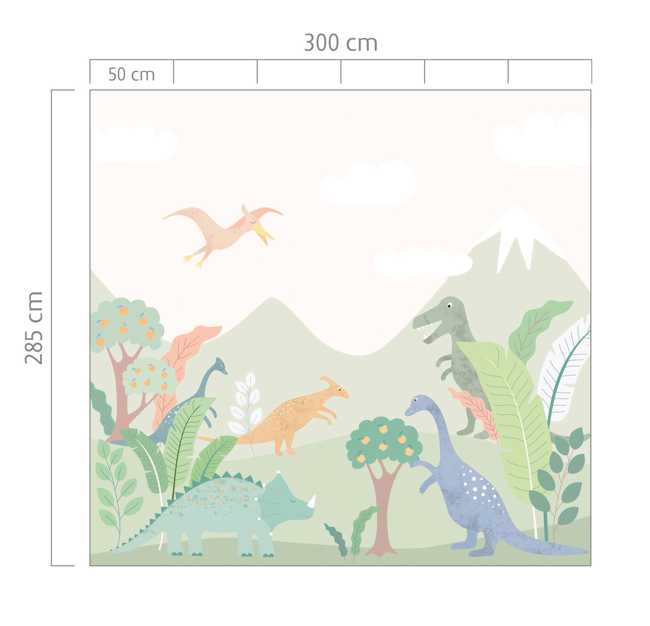 Rasch Fototapete Dino World in Grün, Roomblush - RB367 - 2,85m x 2,00m, glatt, Comic, (1 St), Dinosaurier
