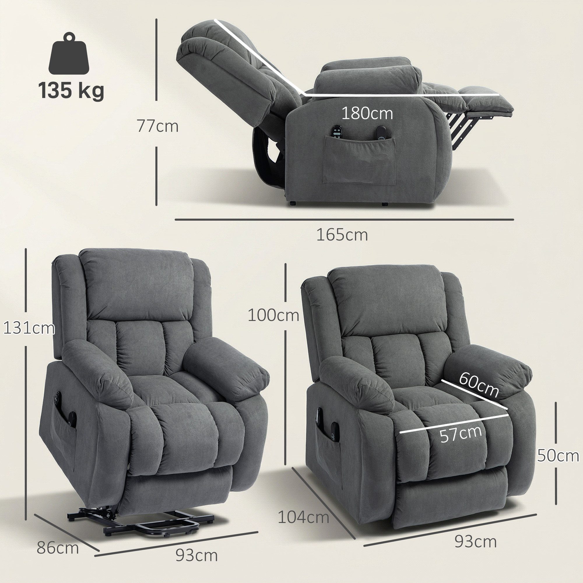 HOMCOM Relaxsessel mit Liegefunktion, Massagefunktion, USB-Abschluss (TV-Sessel mit Heizfunktion, 1-St., Fernsehsessel mit Aufstehhilfe Elektrisch), mit Fernbedienung und Seitentasche, Grau