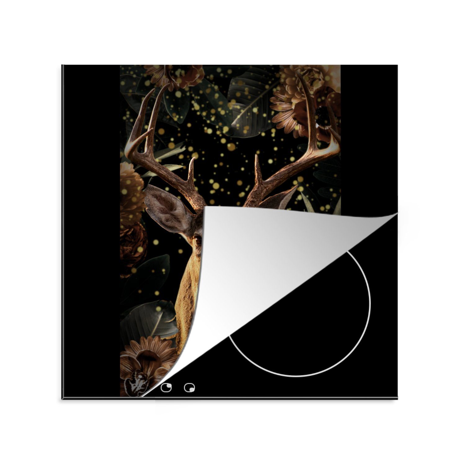 MuchoWow Herdblende-/Abdeckplatte Hirsche - Tiere - Licht - Blumen, Vinyl, (1 tlg), 78x78 cm, Ceranfeldabdeckung, Arbeitsplatte für küche | Herdabdeckplatten
