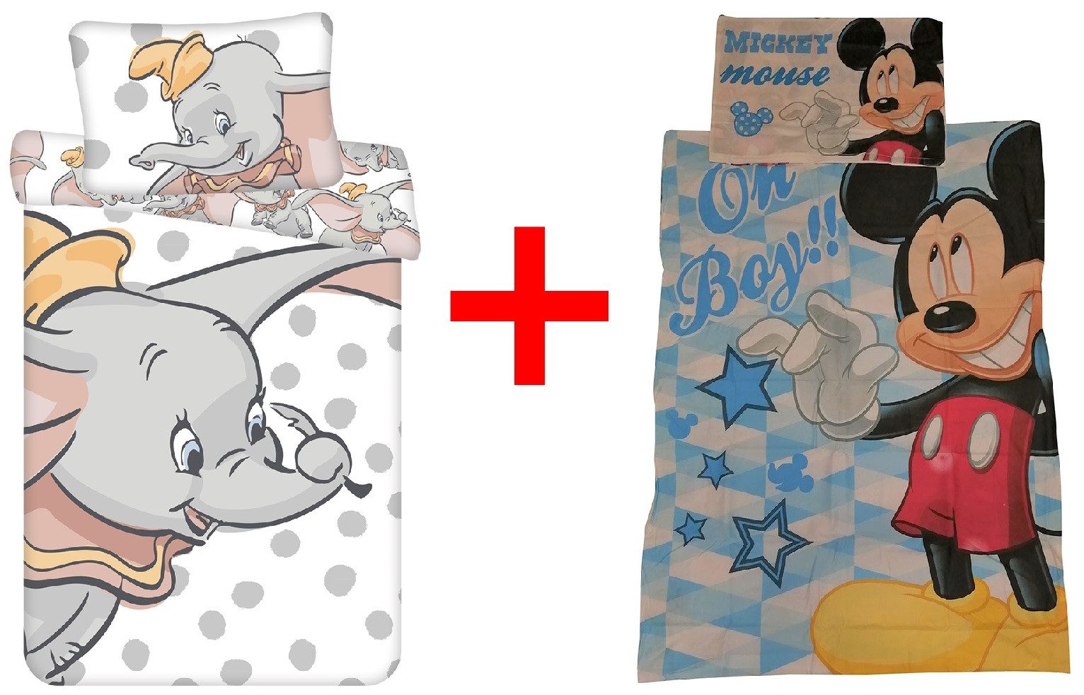 Disney Kinderbettwäsche Disney Dumbo + Micky Maus, 2 x Kinderbettwäsche-Sets Cartoon, Renforcé, 2 teilig