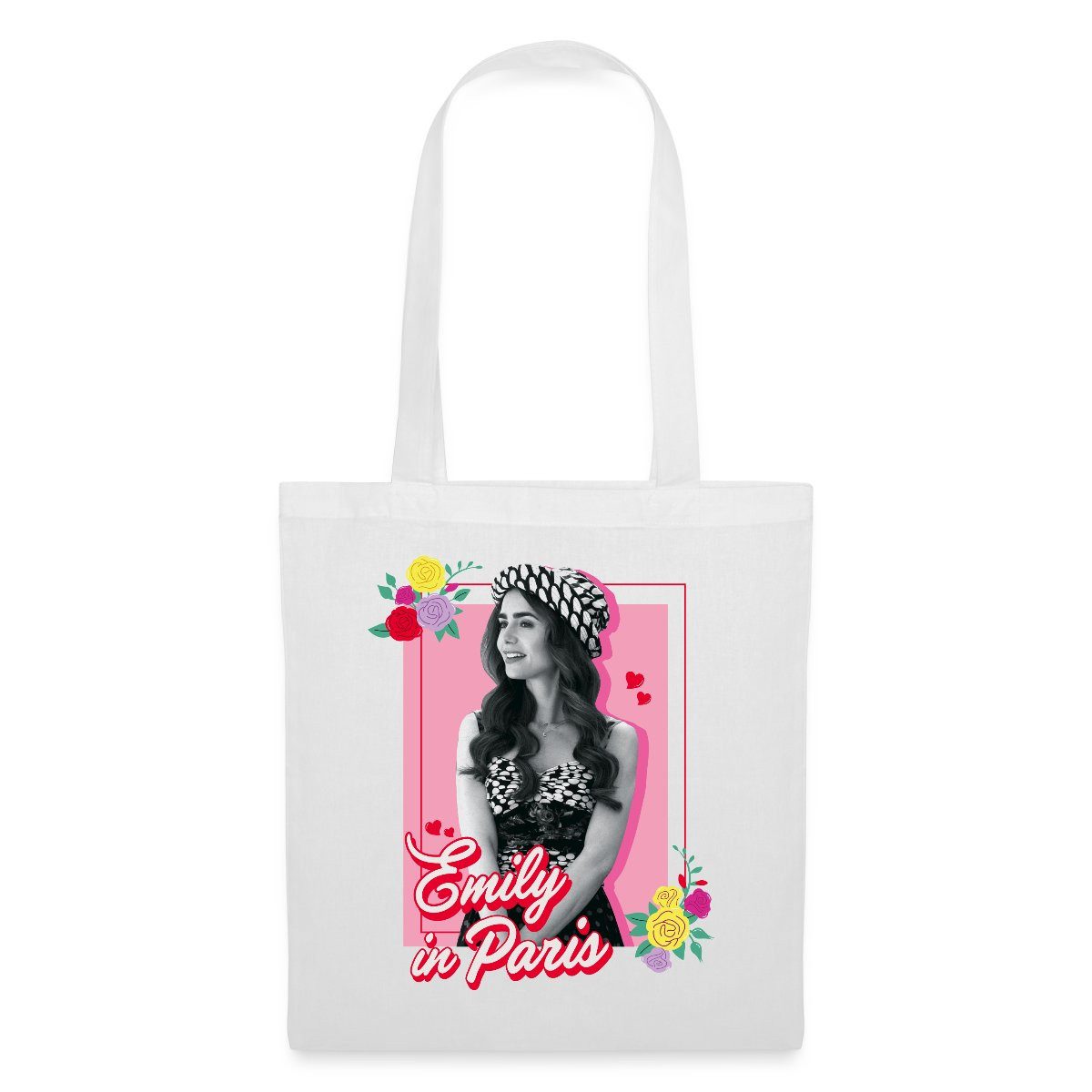 Spreadshirt Henkeltasche Emily In Paris Emily Schwarz-Weiß Bild Mit Blumen Stoffbeutel (1-tlg)