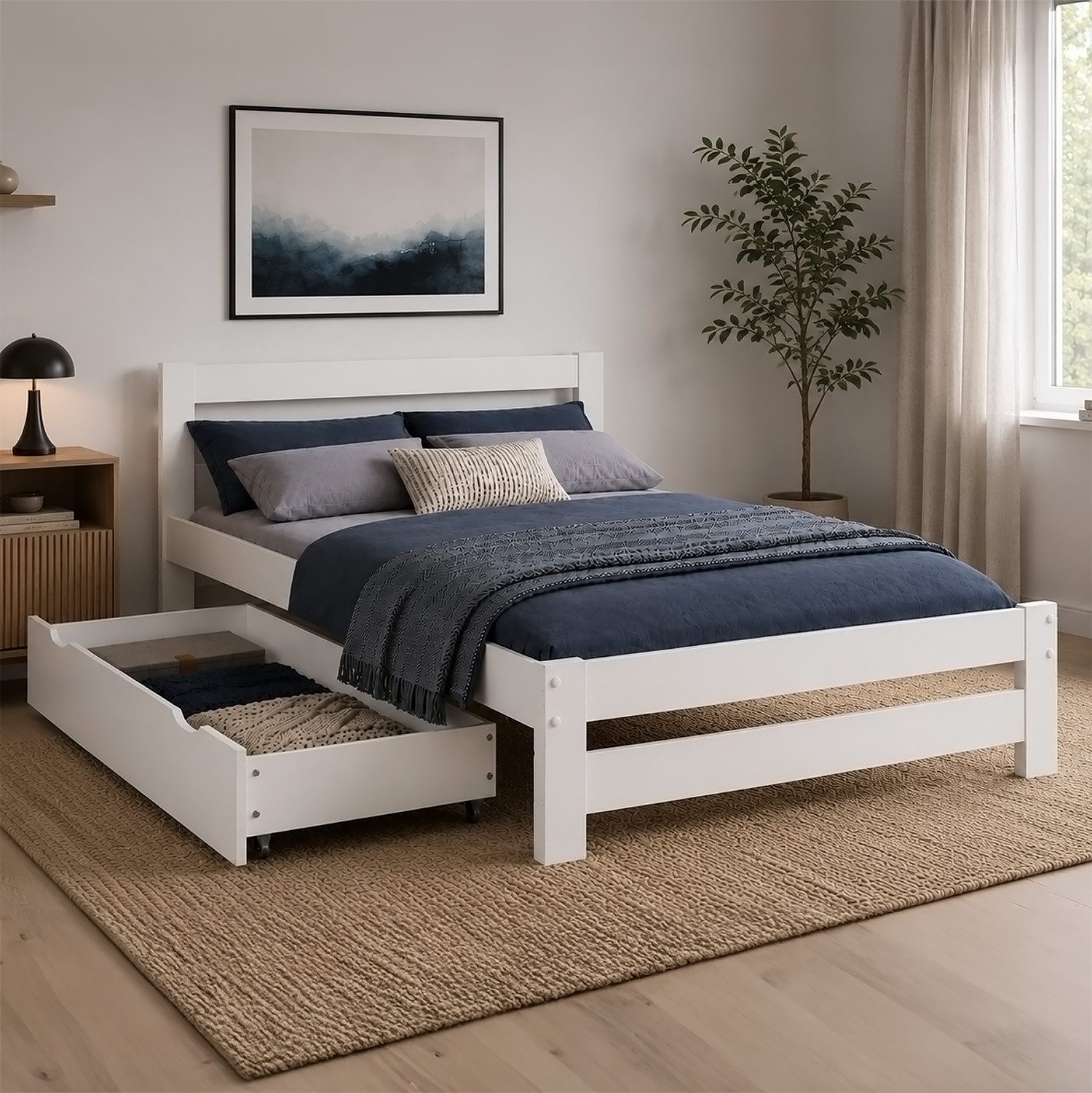 Homestyle4u Holzbett 140x200 mit Lattenrost mit BettkastenDoppelbett Weiß Holz mit Kopfteil (Set, mit Lattenrost, mit Bettkasten / Schublade), mit Stauraum (1x Bettkasten/Schublade), Stauraumbett