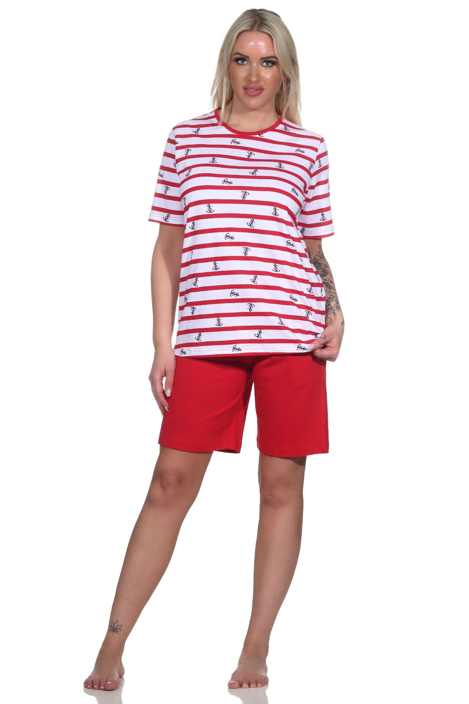 Optik Übergrößen Schlafanzug Pyjama Normann Shorty Damen in kurzarm maritime - rot auch
