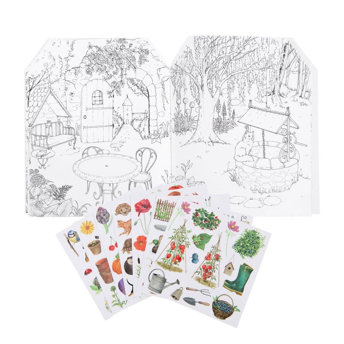 Moulin Roty Malvorlage Mal- und Stickerbuch "Gärtner" für kreative Kinder zum Ausmalen (Set), Mal- und Stickerbuch