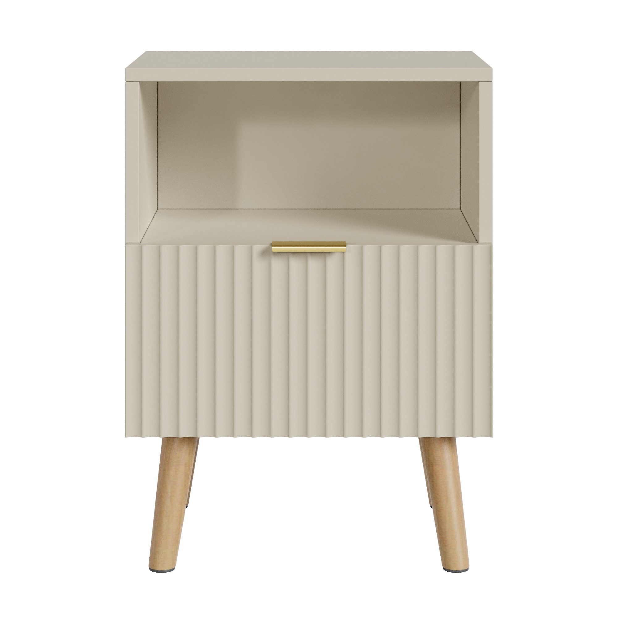en.casa Nachttisch (1-St), »Nand« 1 Schublade 1 offenes Fach 55x40x30 cm Holzbeine Sandfarben