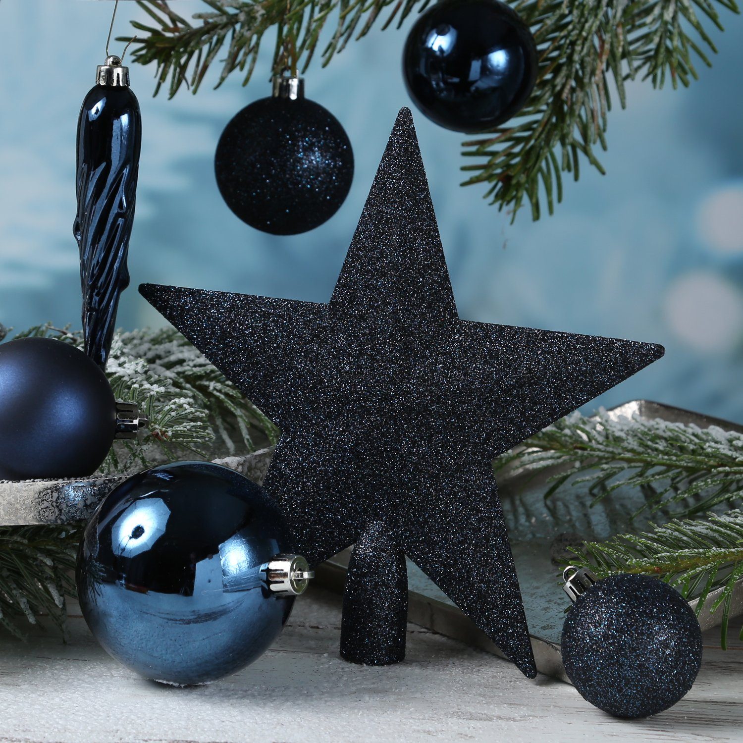 MARELIDA Weihnachtsbaumkugel Weihnachtskugeln mit Stern 33er blau Set (33 Baumspitze bruchfest St)