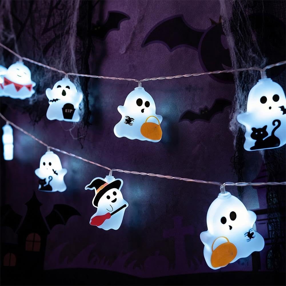 nsihing LED-Lichterkette LED Lichterkette Halloween Deko, Geisterlichter, 20-flammig, Batteriebetriebene Lichterkette mit 10 warmweißen Gespenstern