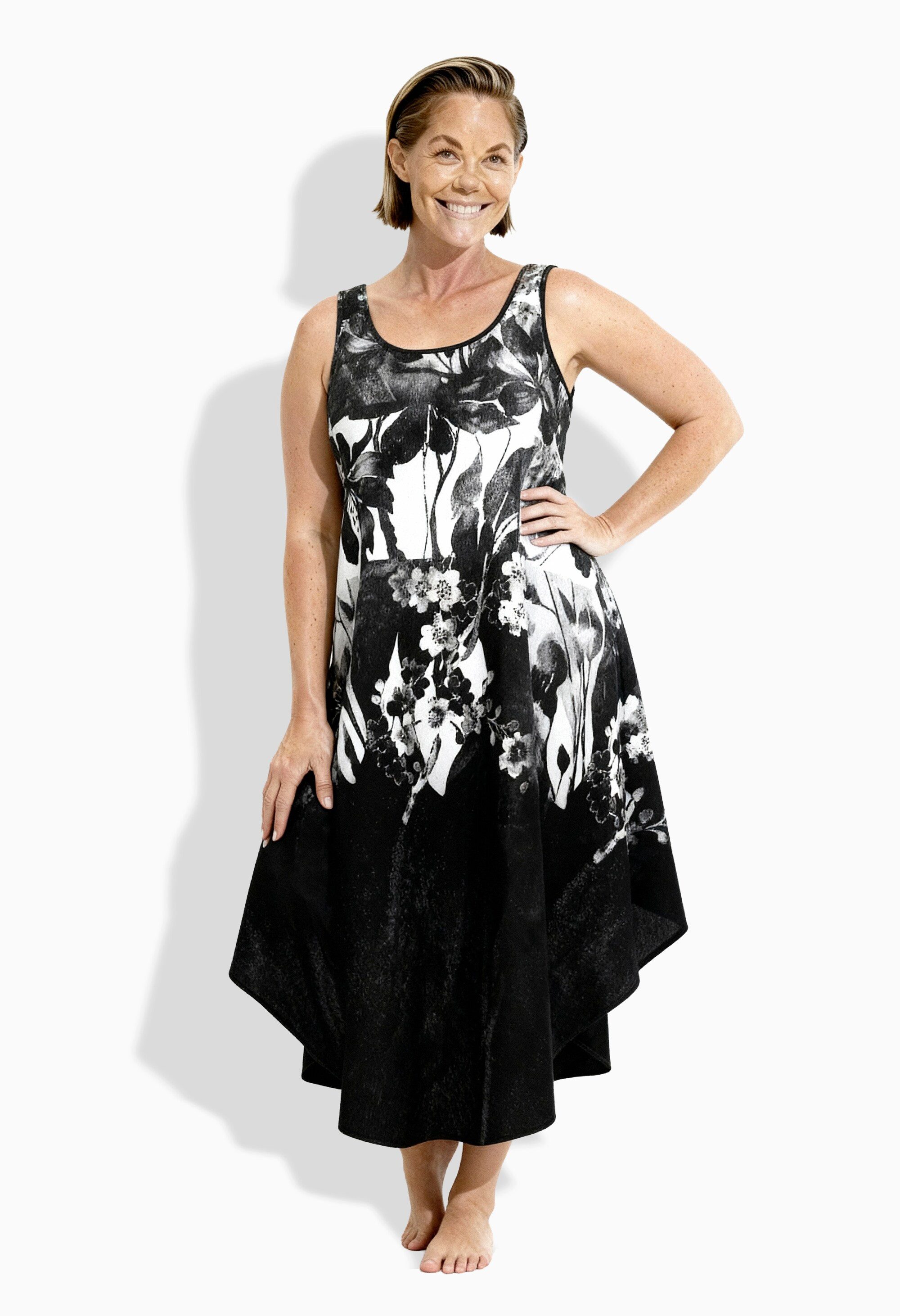 Ulla Popken Maxikleid Midikleid Blüten A-Linie Rundhals ärmellos