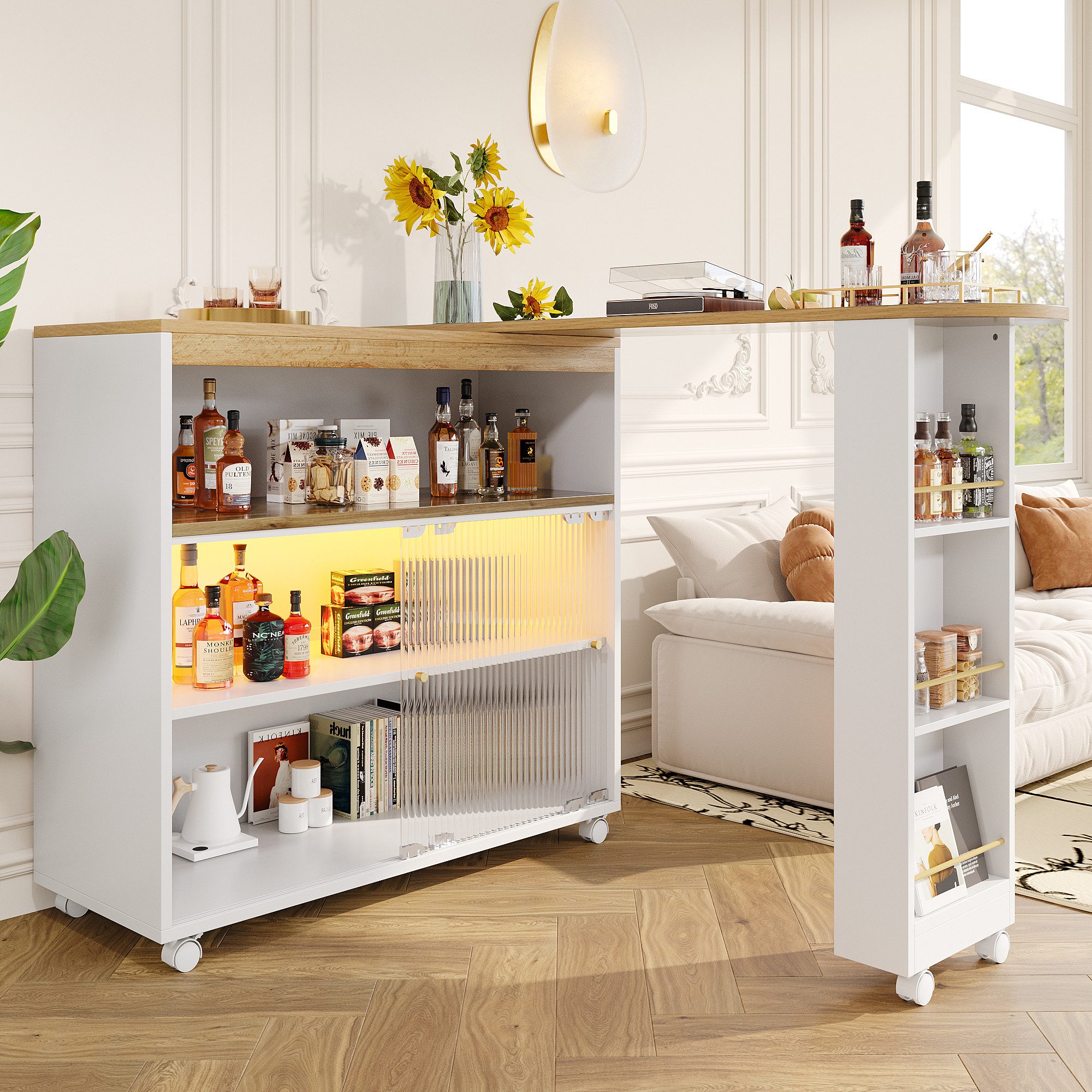 Rutaqian Bistrotisch Ausziehbarer Bartisch mit Stauraum, Moderner Beweglicher Bar Table (1-St., Stehtisch Bistrotisch Hochtisch Kücheninsel Bistro Table), Teleskopischer Bartisch mit LED, Großer Stauraum,Weiß 138-204×39×105cm