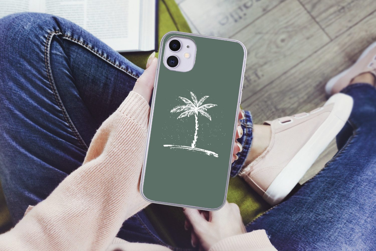 MuchoWow Handyhülle für Apple iPhone 11 Palme - Weiß - Grün - Tropisch, Smartphone-Bumper, Print, Handy Schutzhülle Dünn
