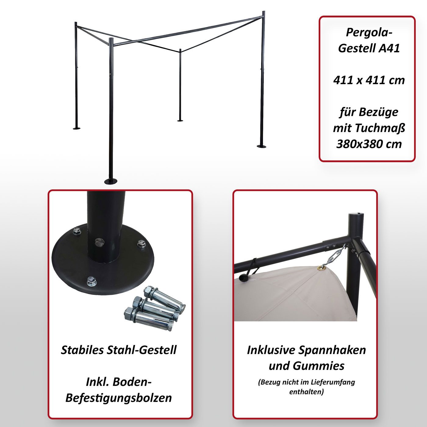 MCW Pergola MCW-A41-G, BxTxH: 411x411x292 cm, Für Tücher mit Tuchmaß 380x380 cm