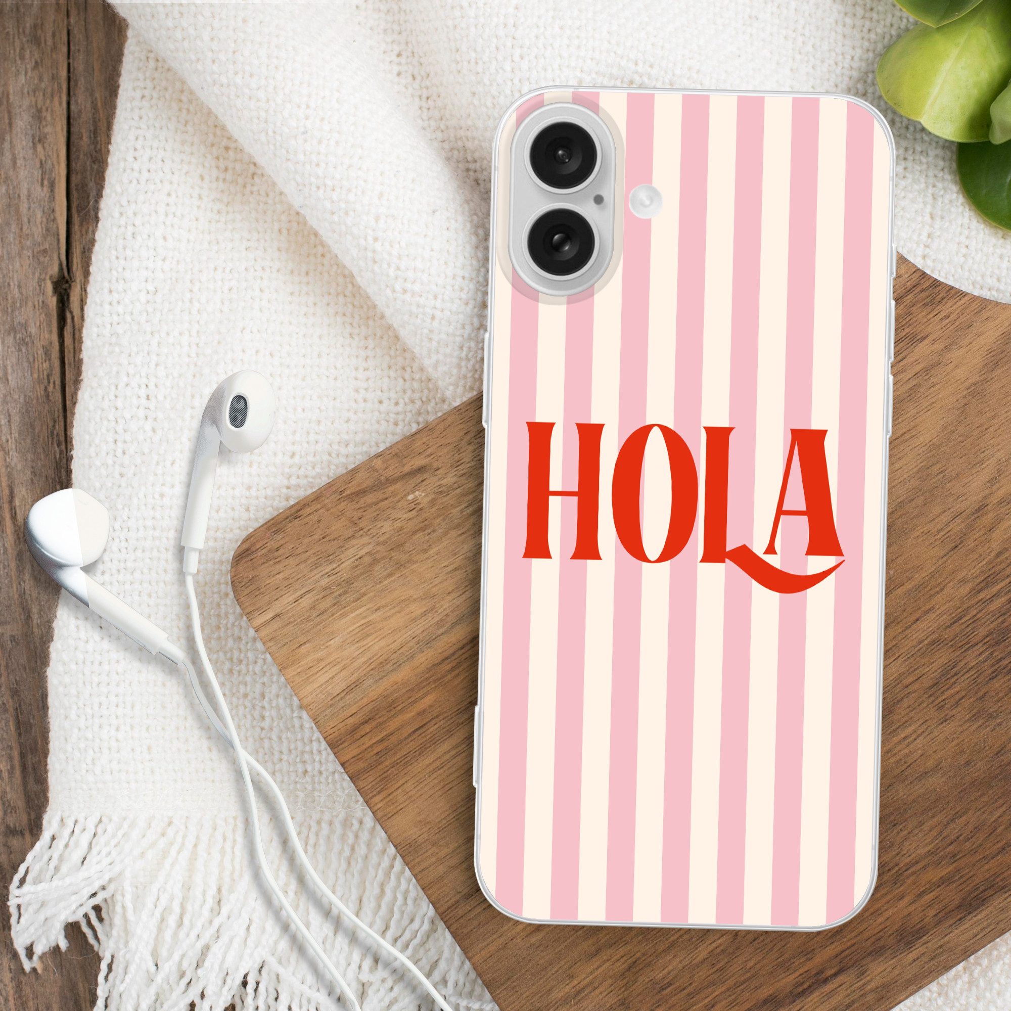MuchoWow Handyhülle für Apple iPhone 16 Plus Hola - Zitat - Streifen - Pastell - Rosa - Ro, Smartphone-Bumper, Print, Handy Schutzhülle Dünn