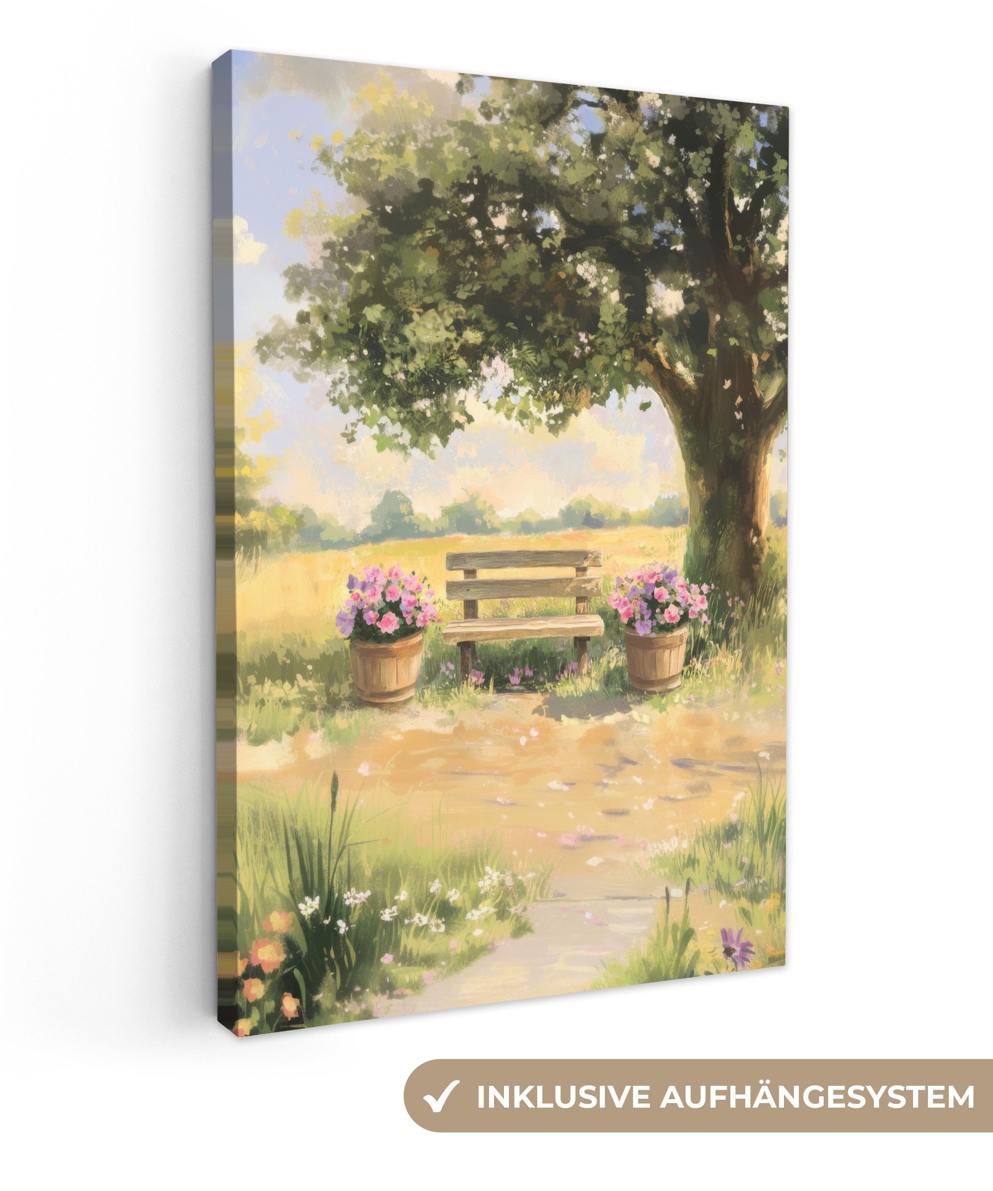OneMillionCanvasses® Leinwandbild Holzbank - Blumentöpfe - günstig online kaufen