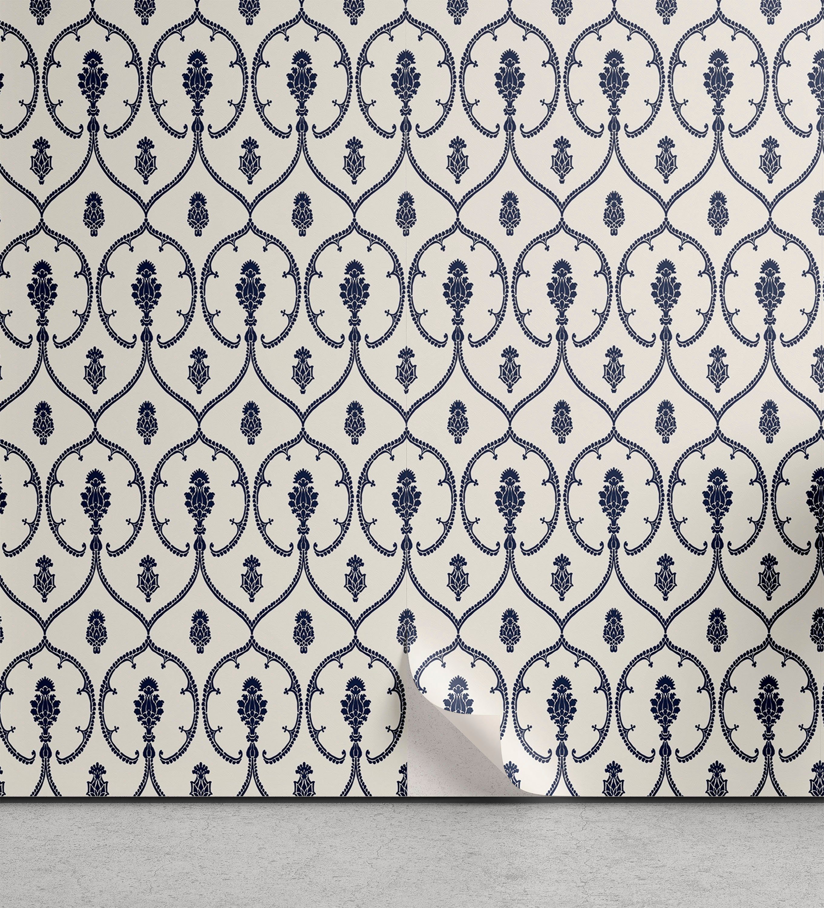 Abakuhaus Vinyltapete selbstklebendes Wohnzimmer Küchenakzent, Navy blau Blumendamast-Artwork