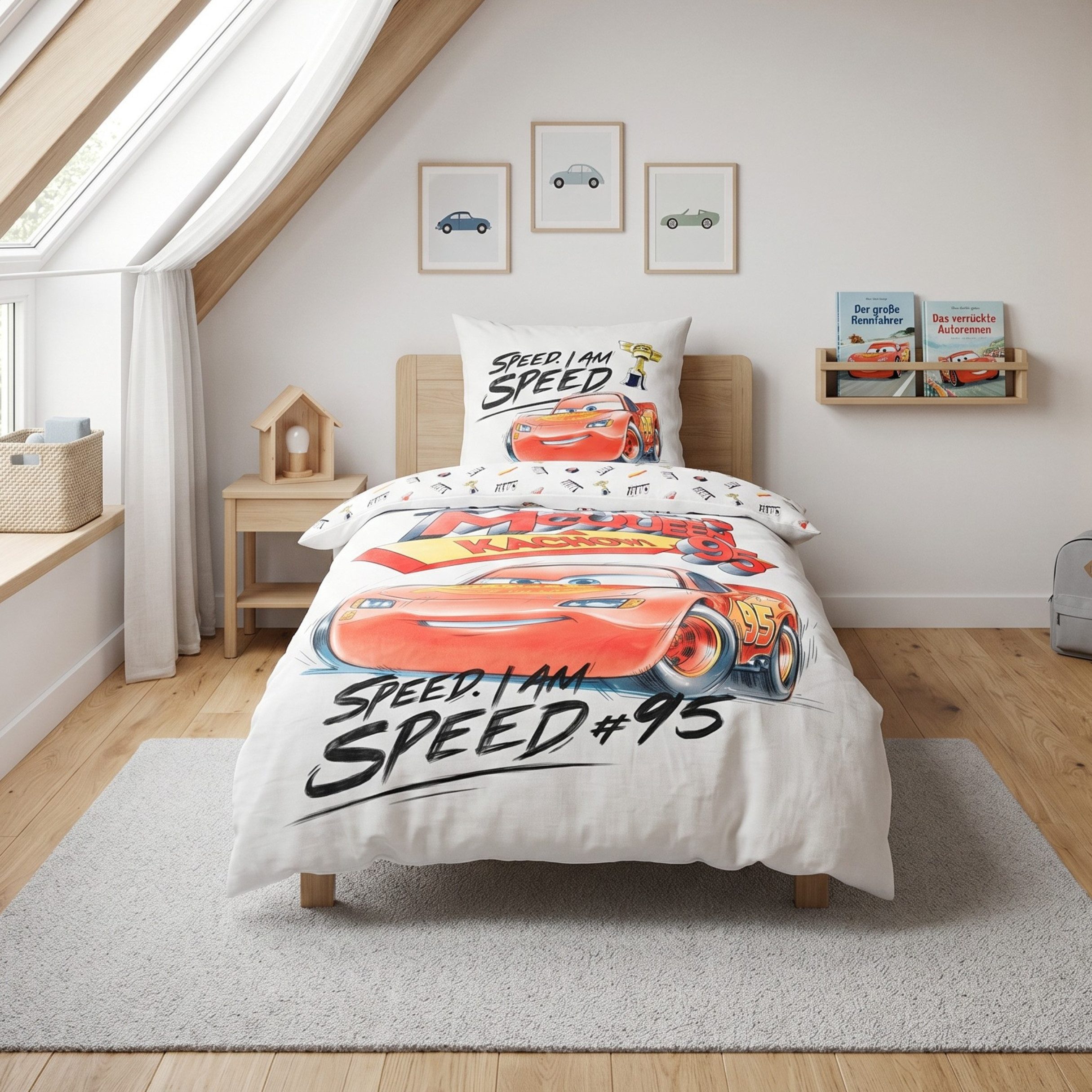 MTOnlinehandel Bettwäsche Disney Pixar Cars 135x200 + 80x80 cm, Renforcé, 100% Baumwolle, 2 teilig, Wende-Motiv Lightning McQueen für kleine Rennfahrer mit großen Träumen
