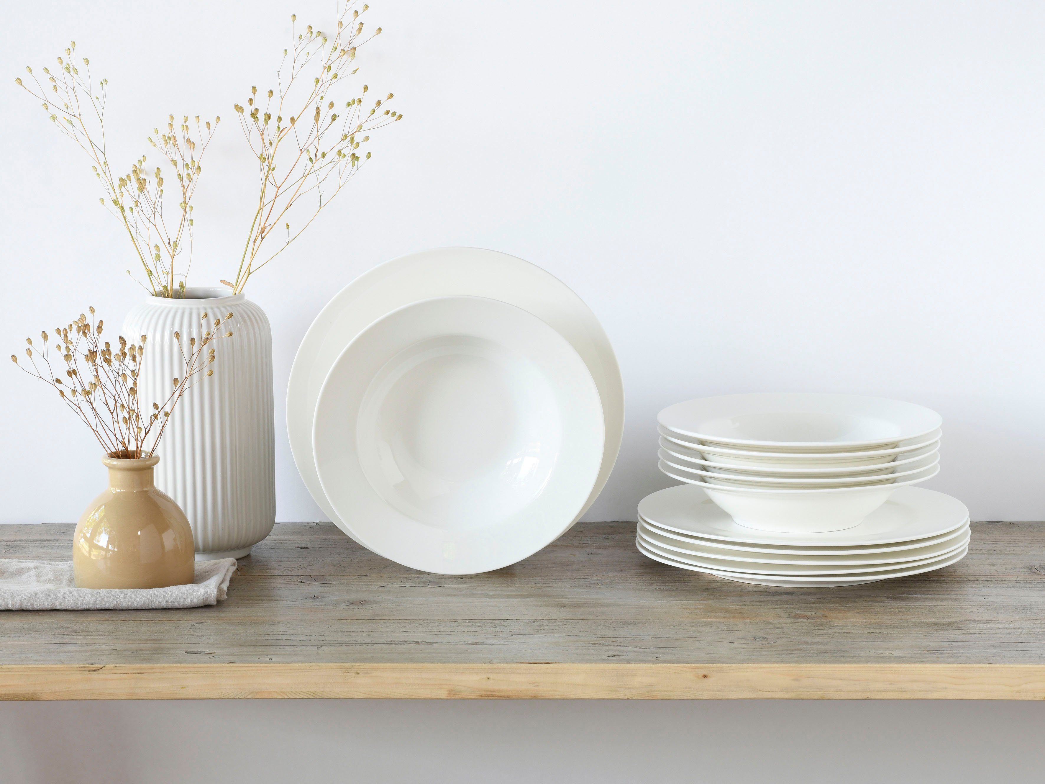CreaTable Tafelservice Fleur Roya (12-tlg), 6 Personen, Porzellan, Teller Set, extrem dünn, leicht, lichtdurchlässig