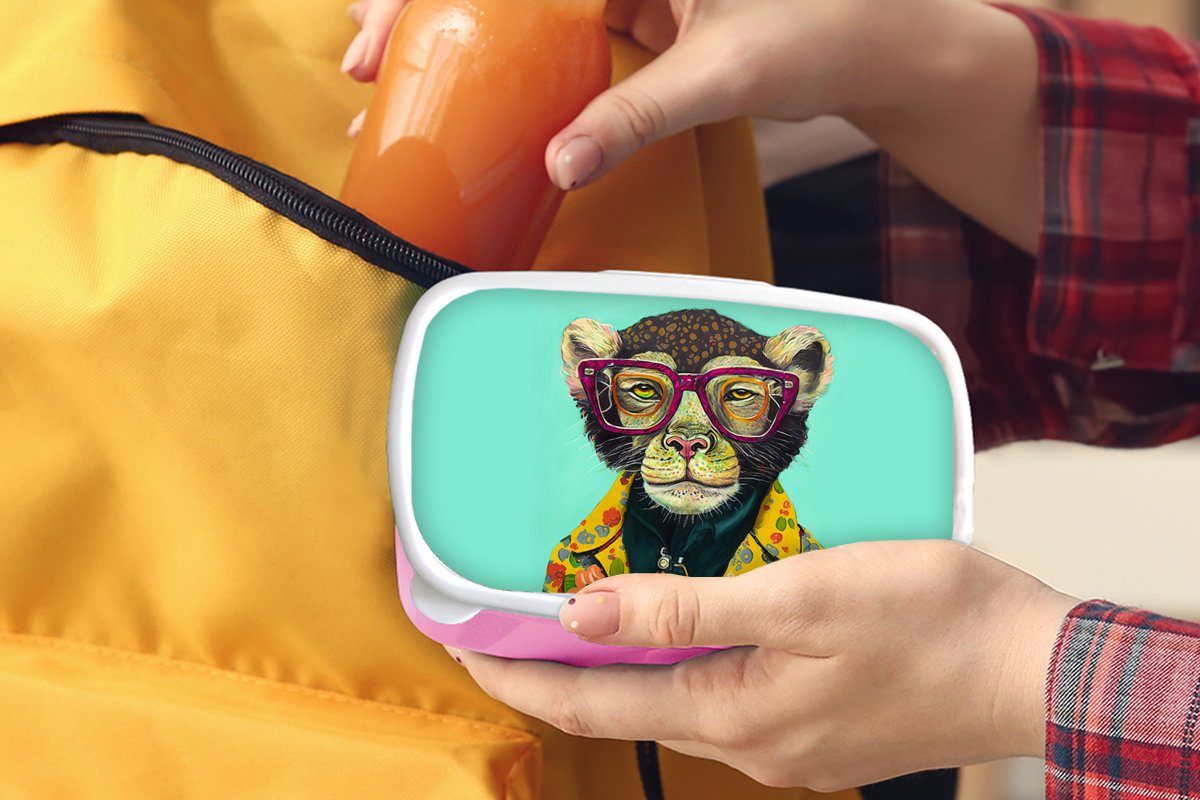 MuchoWow Lunchbox Design - Tiere, Kunststoff - für Erwachsene, Brotbox Snackbox, (2-tlg), Kunststoff, - Affe Brotdose Mädchen, Kinder, - Rosa Brille