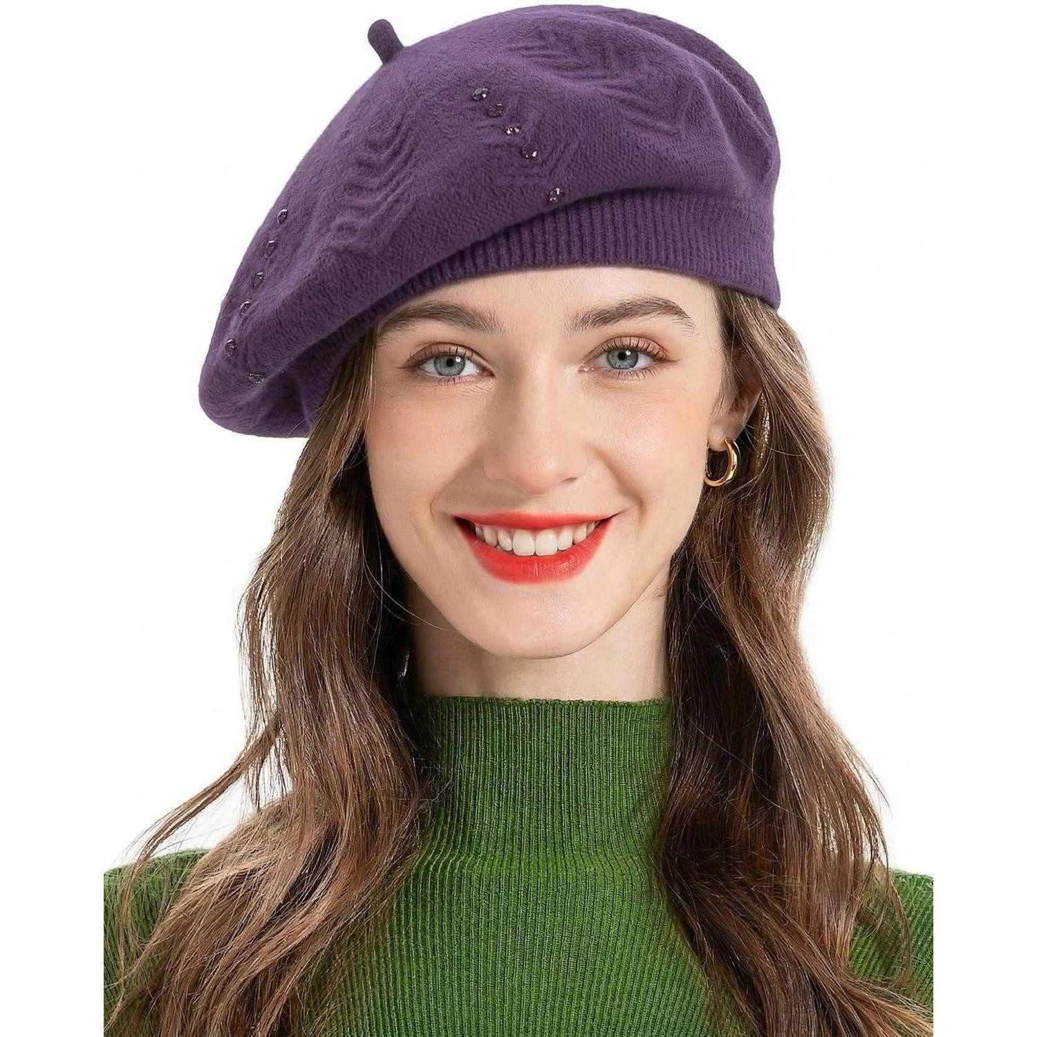 LuxusKollektion Baskenmütze Baskenmütze Damen Beret Strass Violett (1-St)