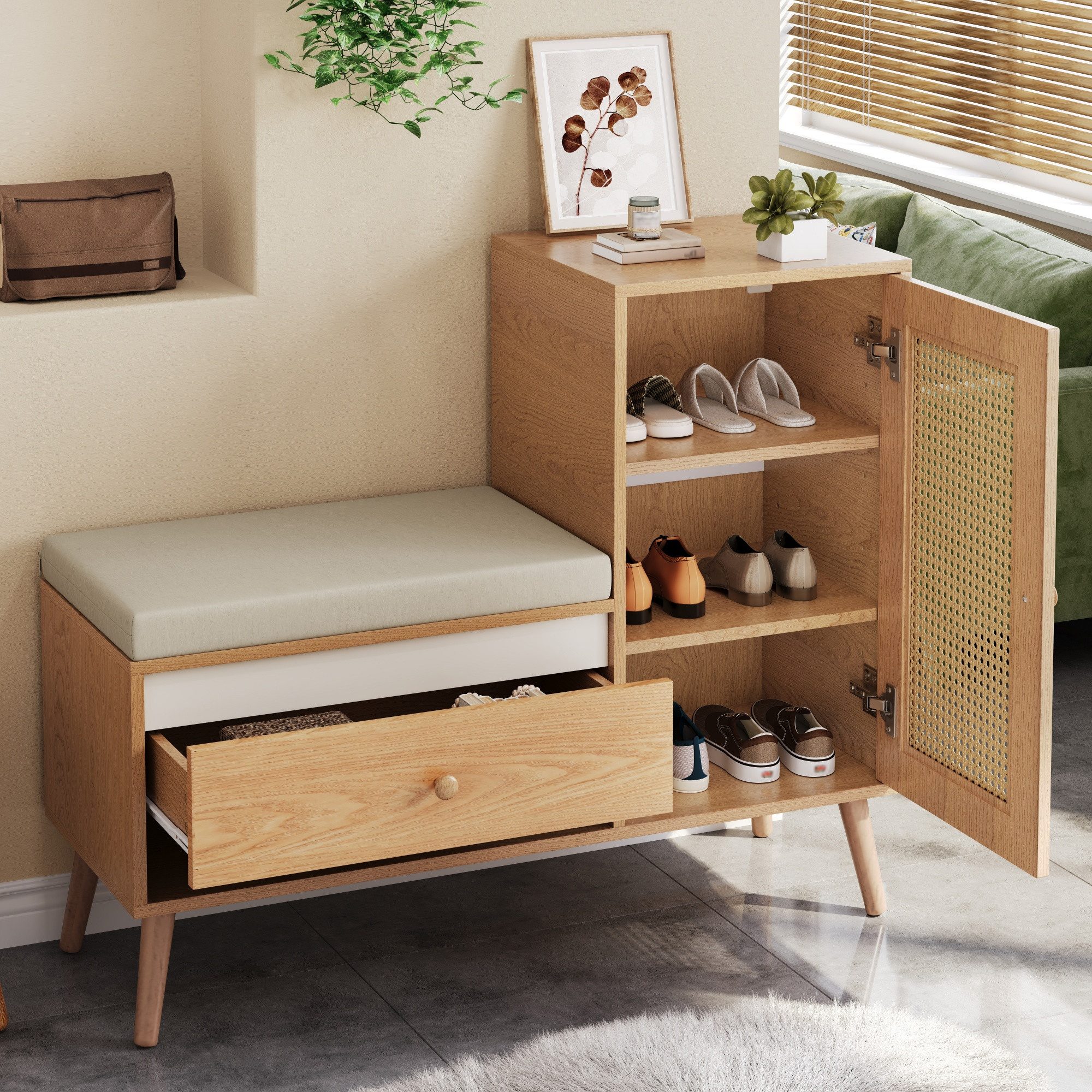 STILVORA Schuhschrank Rattan Garderobenbank mit Schuhschrank und Sitzpolster eine Schranktür (Schuhregal mit Schubladen & offenen Fächern, Mehrstufiges, multifunktionales Aufbewahrungssystem) Atmungsaktives und staubdichtes Design