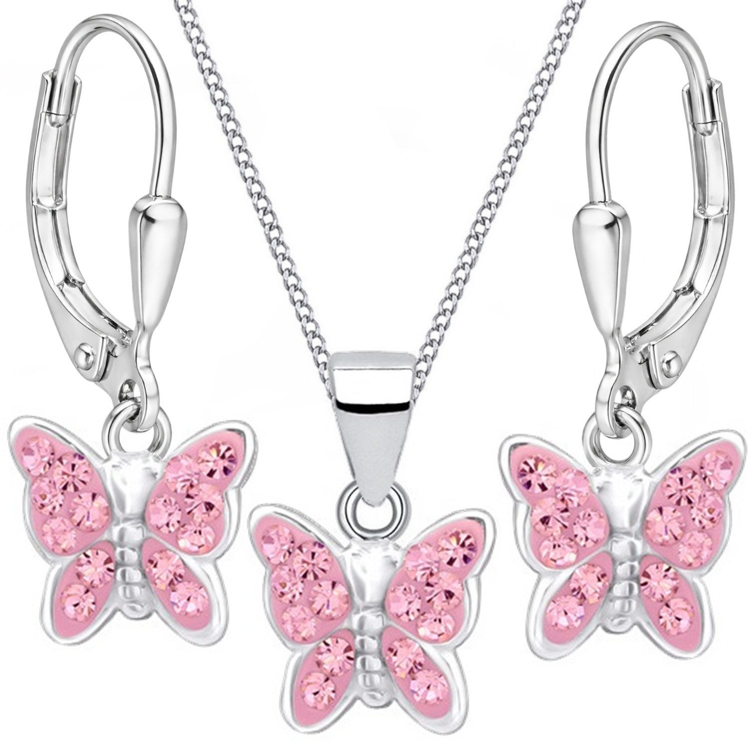 Goldene Hufeisen Schmuckset Kristall Schmetterling Ohrringe Anhänger Kette 925 Silber Set (4-tlg, inkl. Geschenk-Etui), Geschenkset