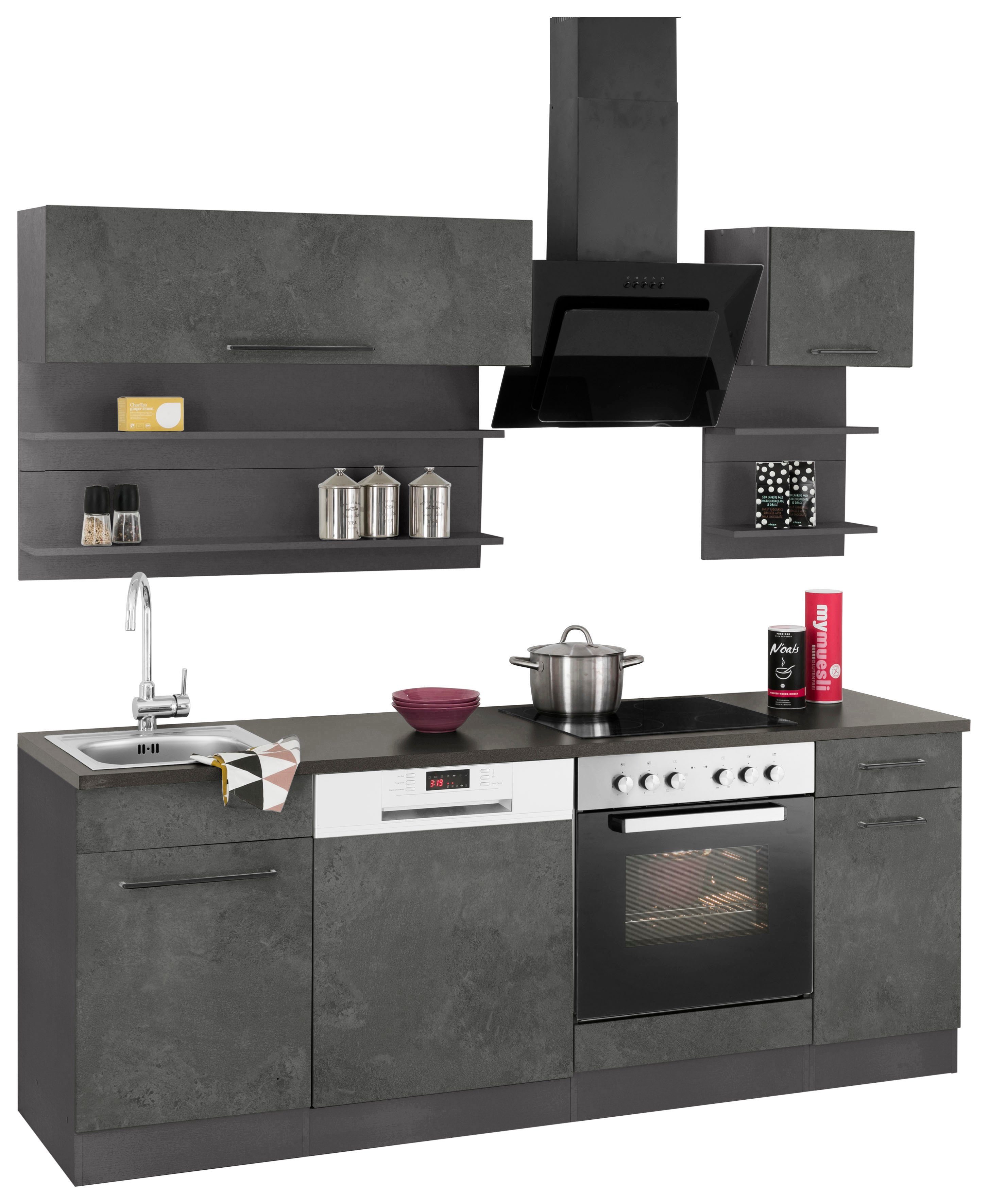 KOCHSTATION Küchenzeile KS-Tulsa, mit E-Geräten, Breite 210 cm, schwarze Metallgriffe, MDF Fronten