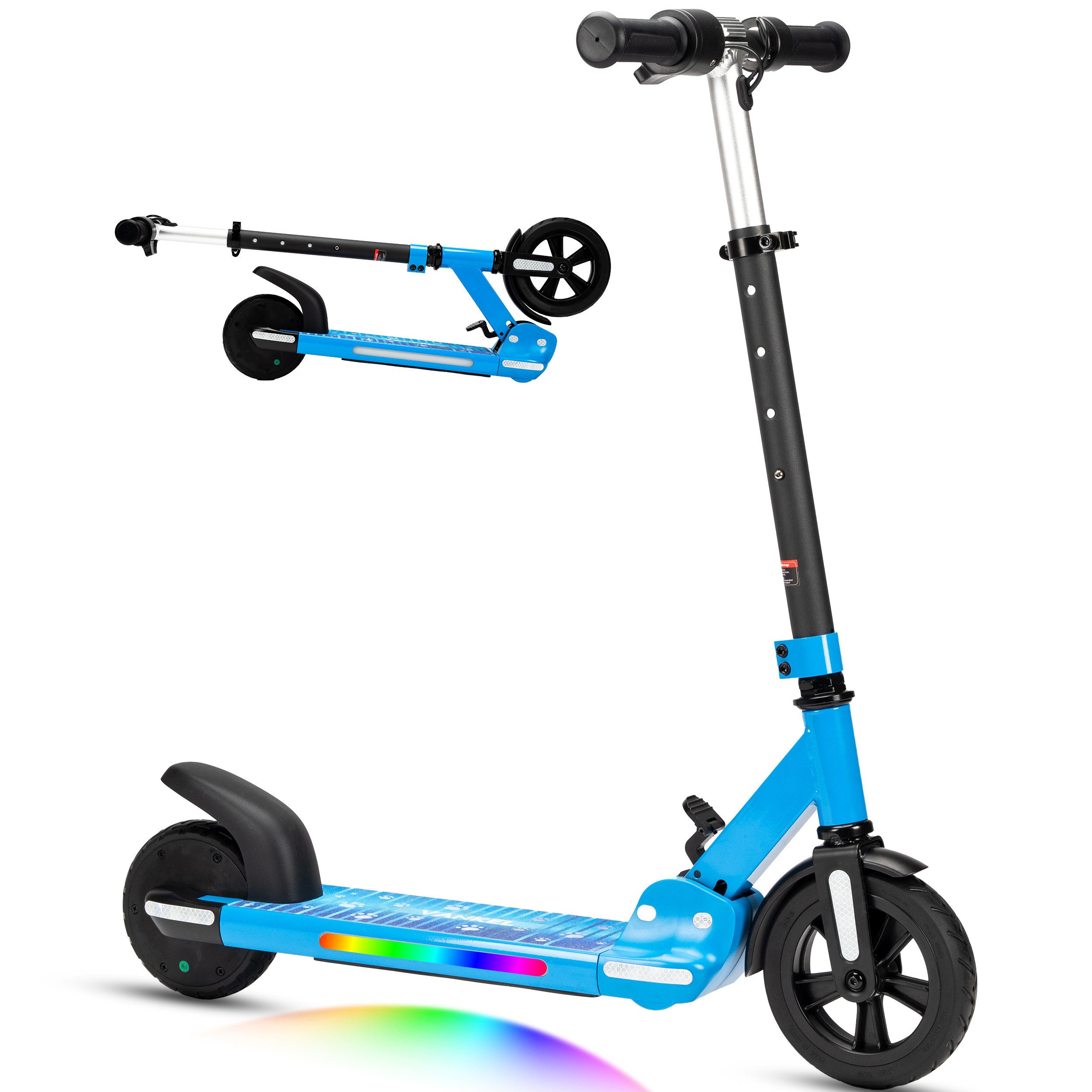 Vankel E-Scooter Kinder E-Scooter ab 6 Jahren, klappbar, höhenverstellbar, bis 14 km/h, 150 W, (für Jungen und Mädchen, max. 50kg, faltbar, Aluminiumrahmen), Luftfahrt-Alu, 6-Zoll-Pannenschutzreifen, bis 50 kg, LED & Reflektor