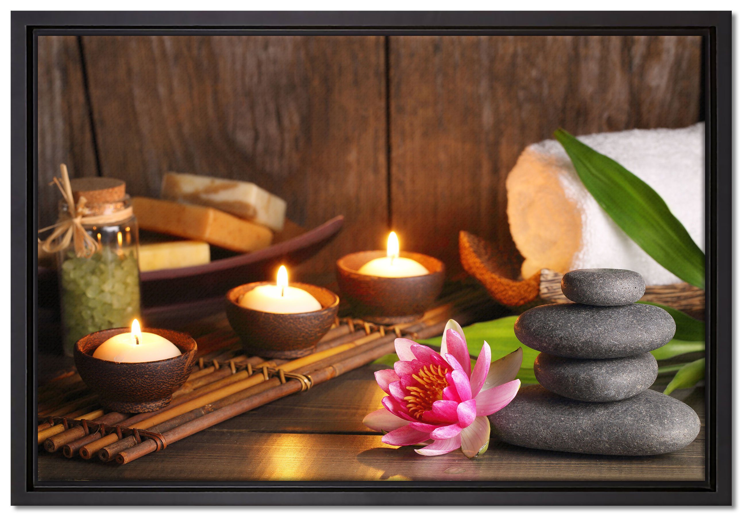 Pixxprint Leinwandbild Kerzen mit Zen Steinen und Seerose, Wanddekoration (1 St), Leinwandbild fertig bespannt, in einem Schattenfugen-Bilderrahmen gefasst, inkl. Zackenaufhänger