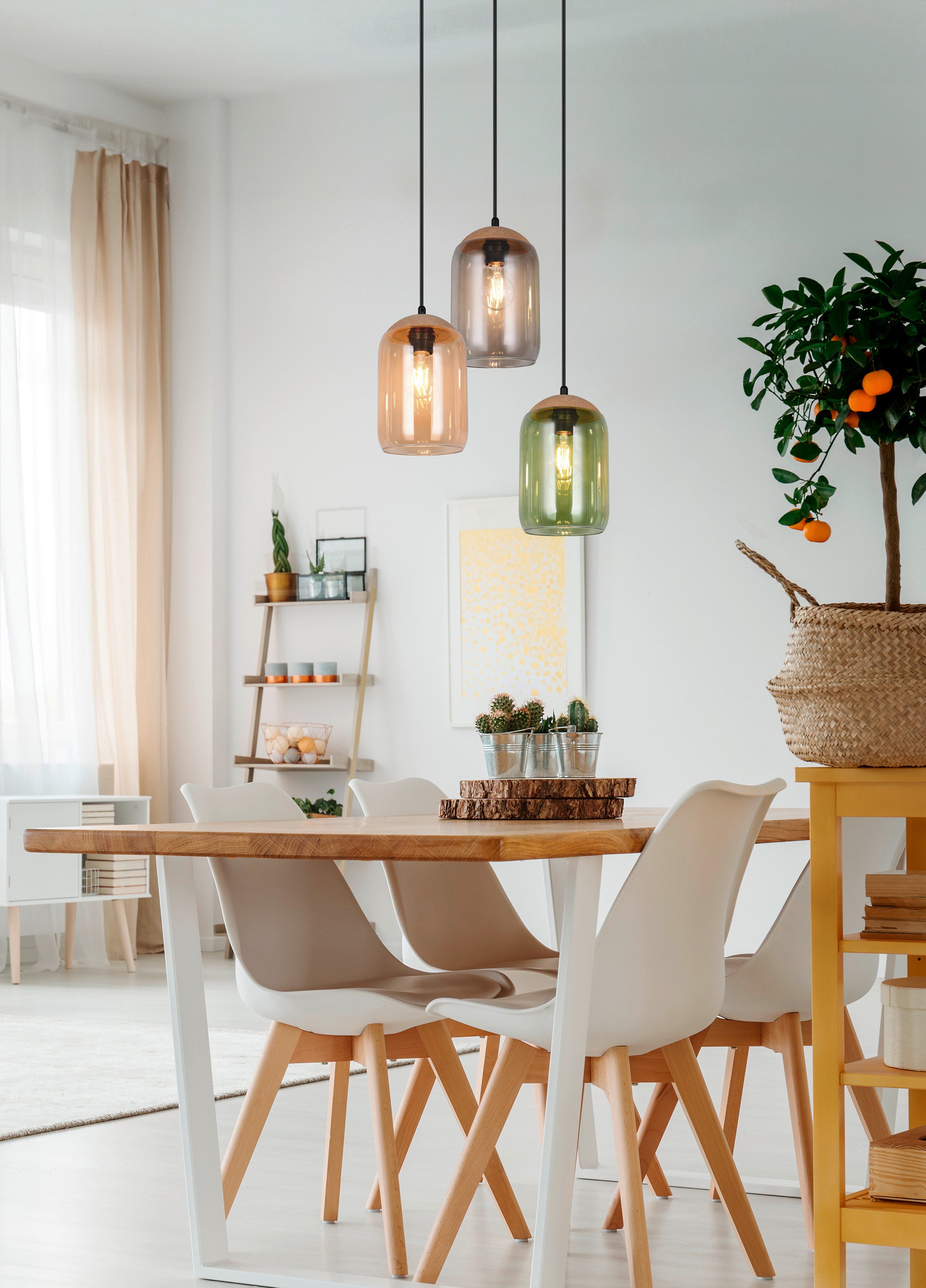 TRIO Leuchten Pendelleuchte CORK, mehrflammige Hängelampe mit bunten Glasschirmen exkl E27 max 10W, Leuchtmittel wechselbar, warmweiß - kaltweiß, aus min. 50% Recycling-Material (Glas), Höhe bis 150 cm