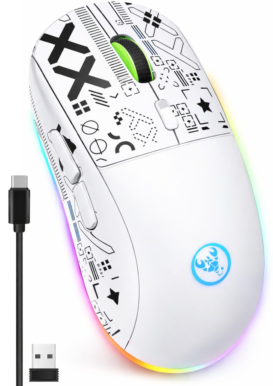 RUHE RGB Gaming Maus Kabellos Wireless Leise Maus Beleuchtung Plug & Play Gaming-Maus (Bluetooth, Funk, kabelgebunden, 3 Geräte Verbindung, Drahtlos, Optische Maus, 3600 dpi, 10M Einstellbar DPI Schwarz Weiß 6 Tasten für Laptop/PC/Mac/Computer)