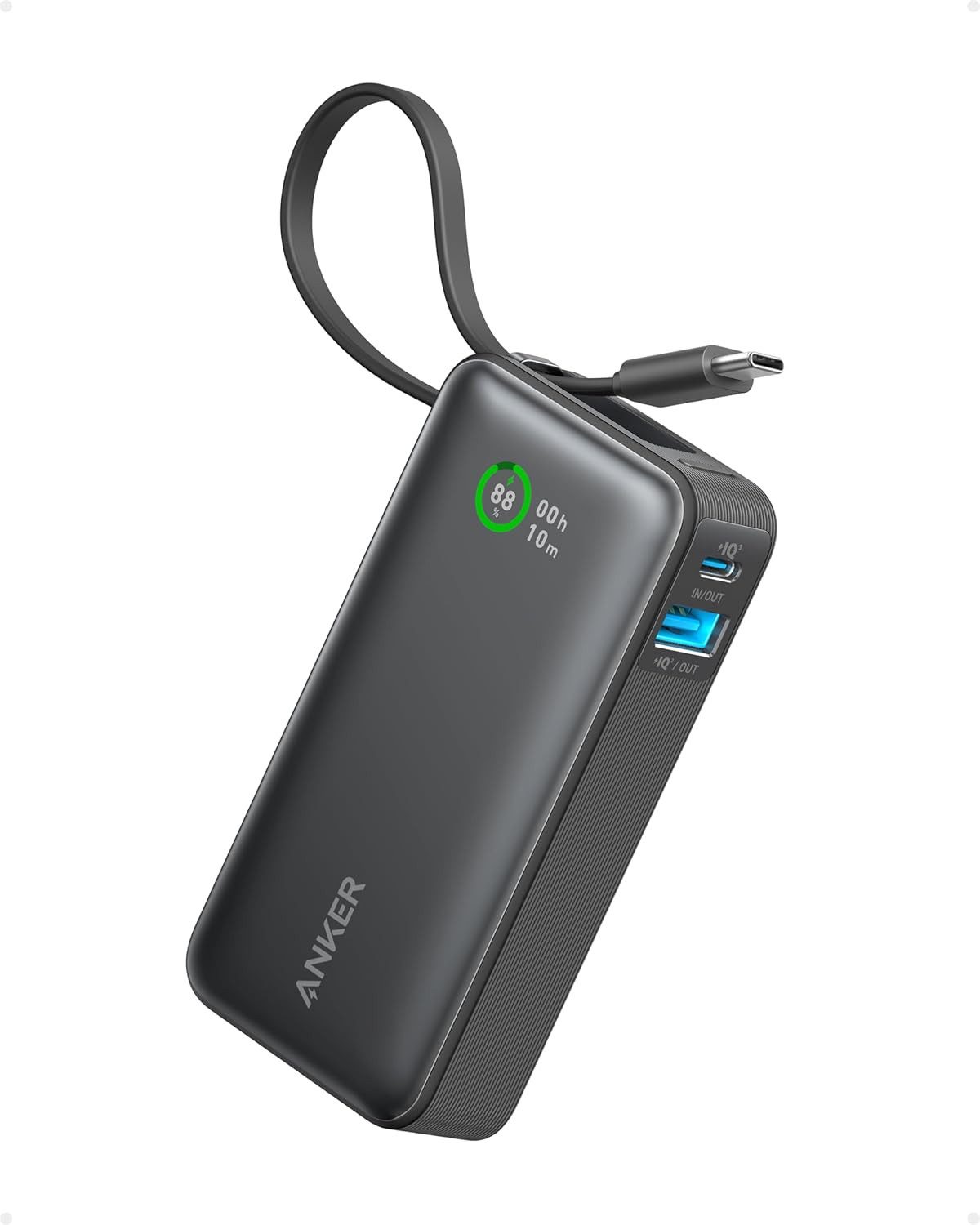 Anker Anker Nano Powerbank, 10.000mAh mit integriertem USB-C Kabel Powerbank PD 30W Höchstleistung mit 1xUSB-C, 1xUSB-A 10000 mAh (5 V), Für iPhone 17/16/15/14, MacBook, Galaxy, iPad, AirPods und mehr