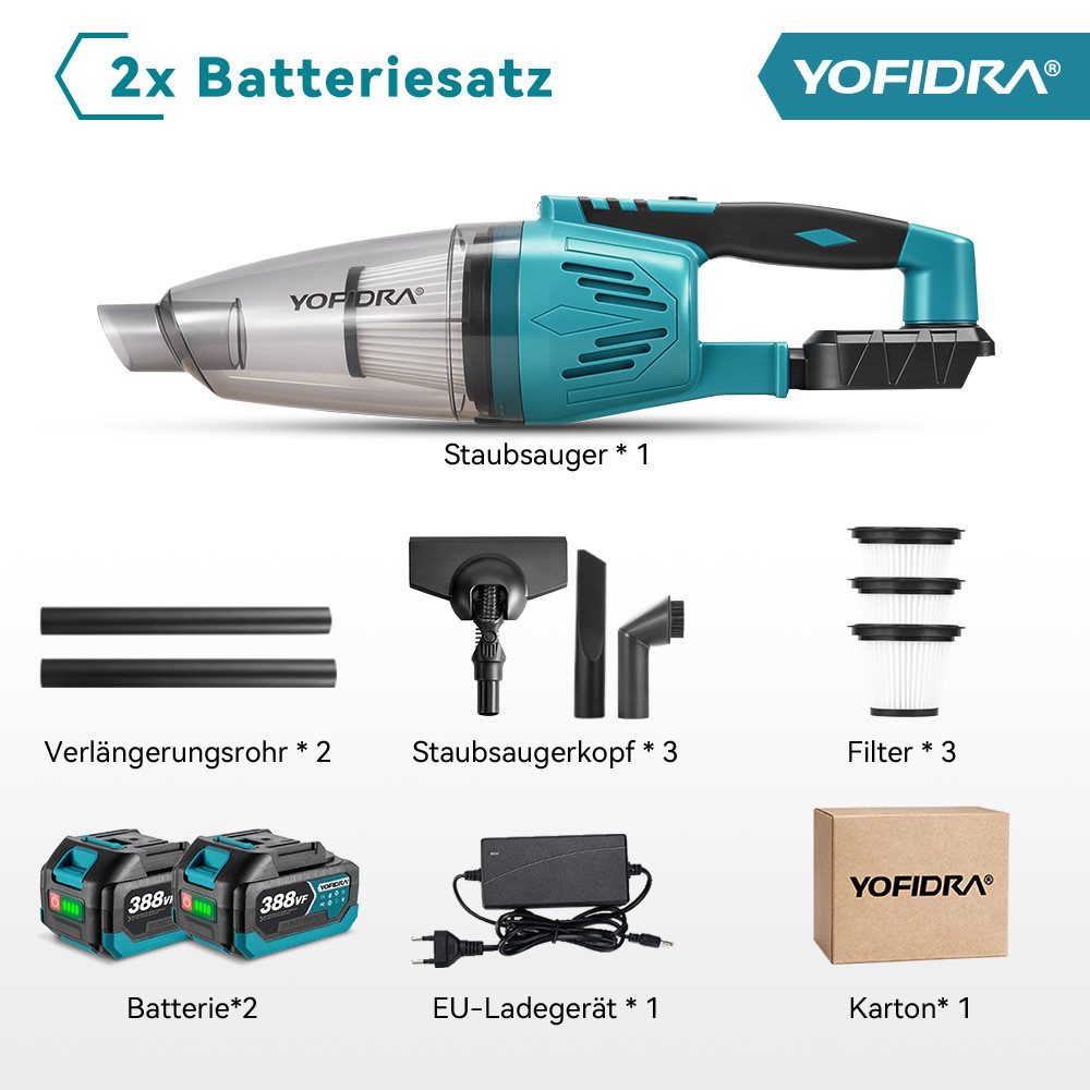 Yofidra Akku-Stielstaubsauger 12.000 Pa Saugkraft mit 2 Akkus, 650 ml Staubbehälter, 800 W, HEPA-Filter Handstaubsauger für Teppiche & Hartböden