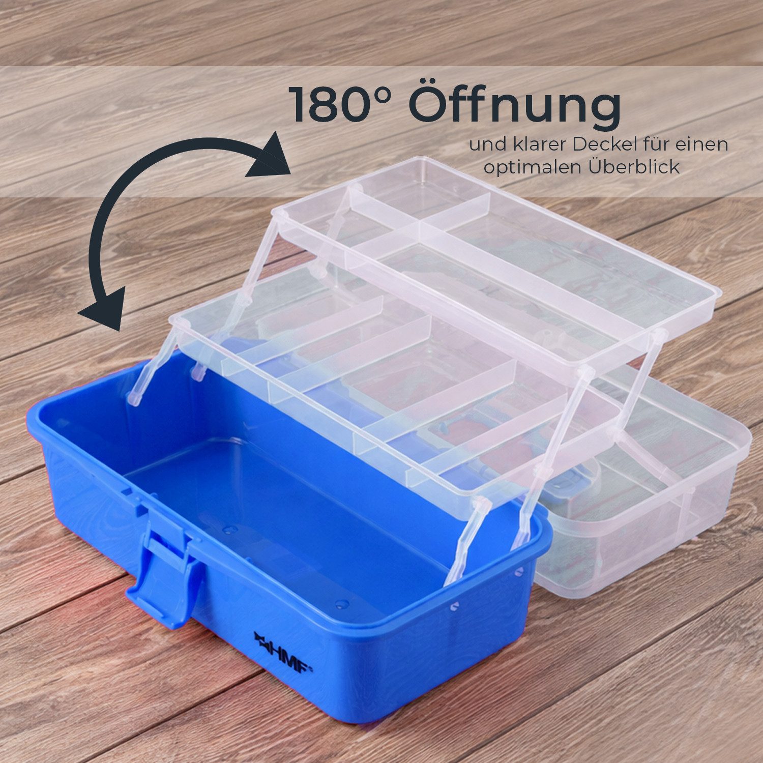 HMF Aufbewahrungsbox Nähkasten aufklappbar mit 3 Ebenen, Sortierbox mit 8 Fächern für, Kleinteile, 33 x 20 x 15 cm, Blau – Bild 4 von 5
