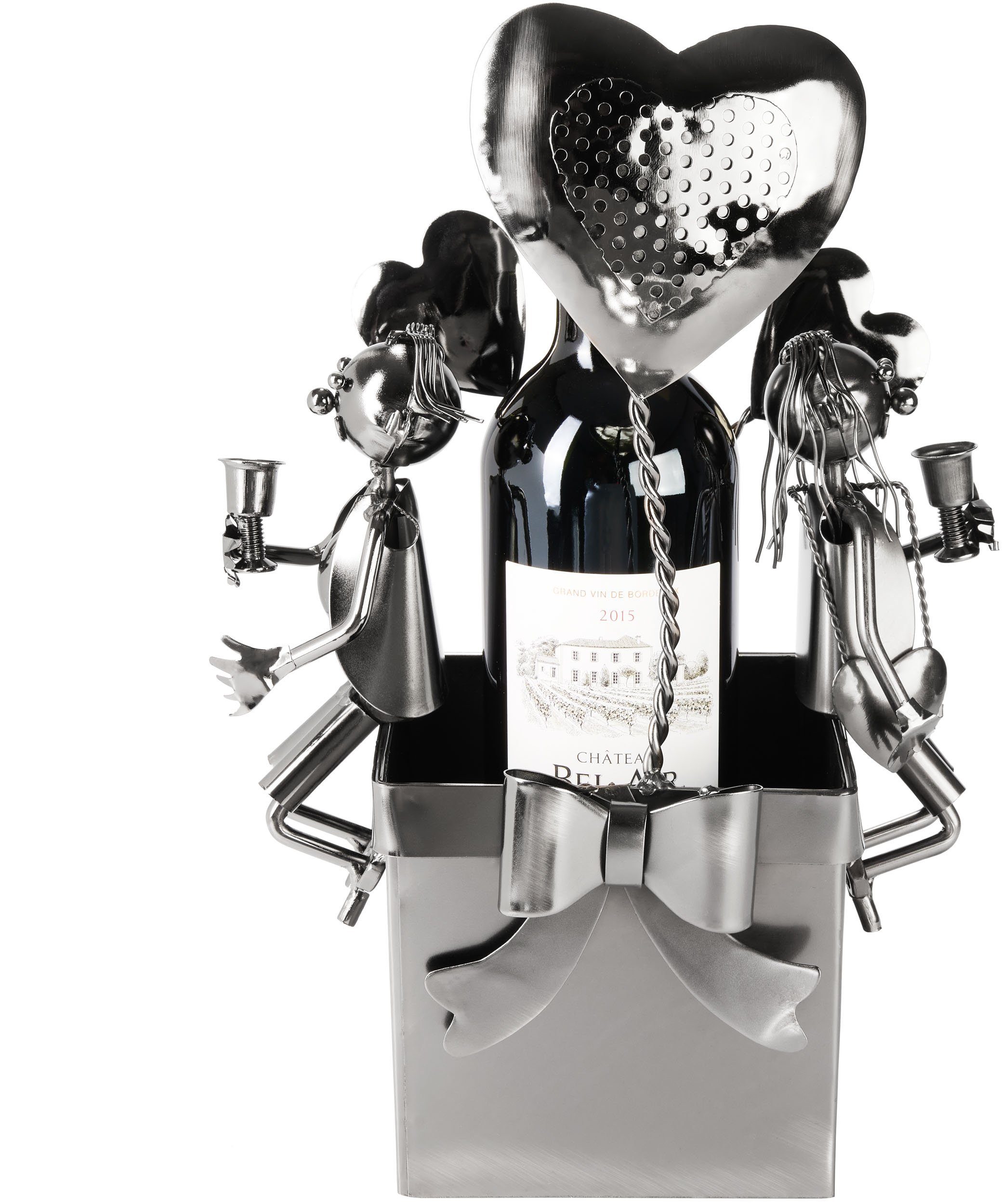 BRUBAKER Weinflaschenhalter Herzballons - Metall Flaschenhalter Paar mit Herzen und Weingläsern, (1-St., Flaschenständer mit Grußkarte), 33 cm Wein Geschenk für Liebespaare