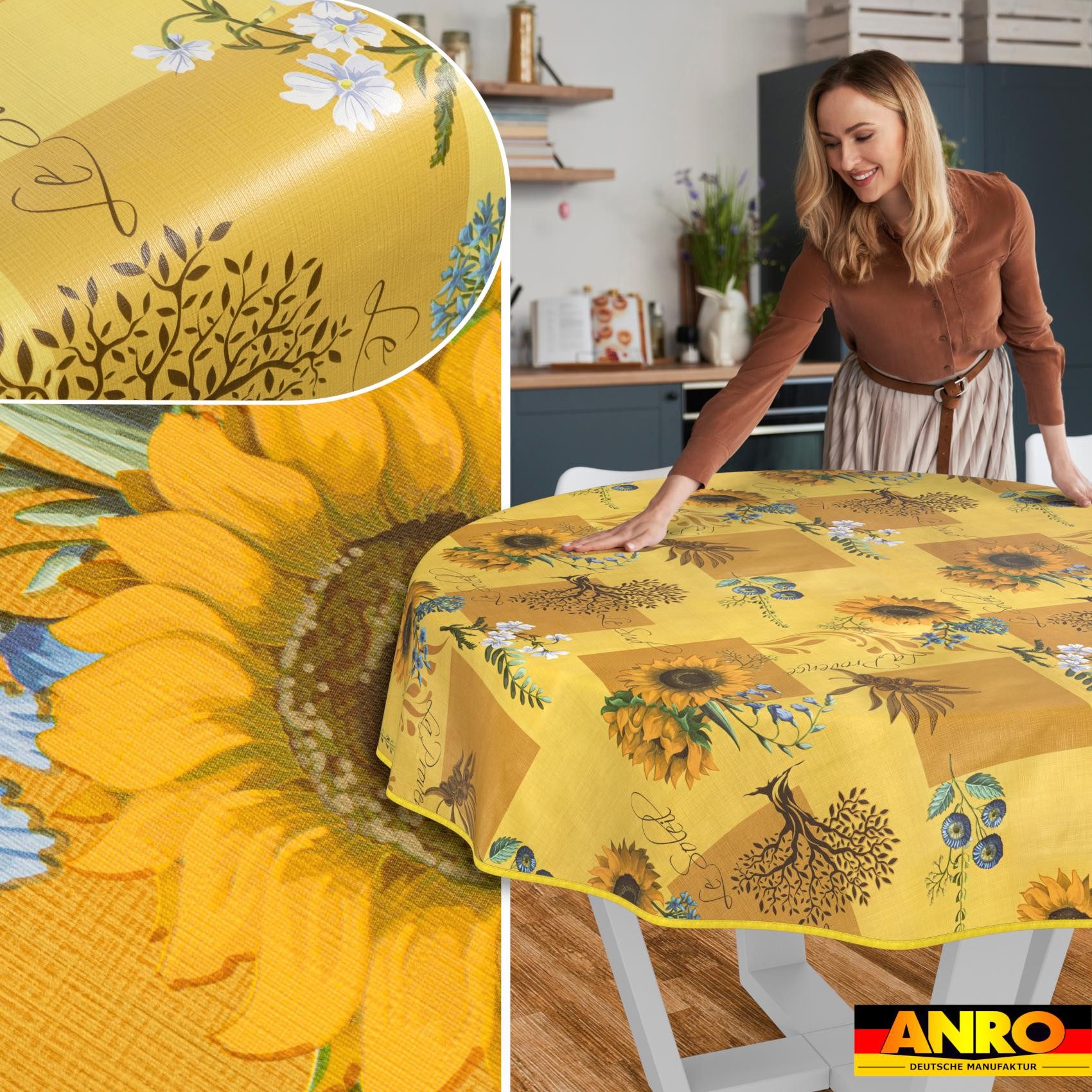 ANRO Tischdecke Sonnenblume abwaschbar Wachstuch pflegeleicht wasserabweisend (Einzelstück 1-tlg), Schmutzabweisend Rustikaler Gelb Rund 100cm Gartentischdecke – Bild 5 von 5