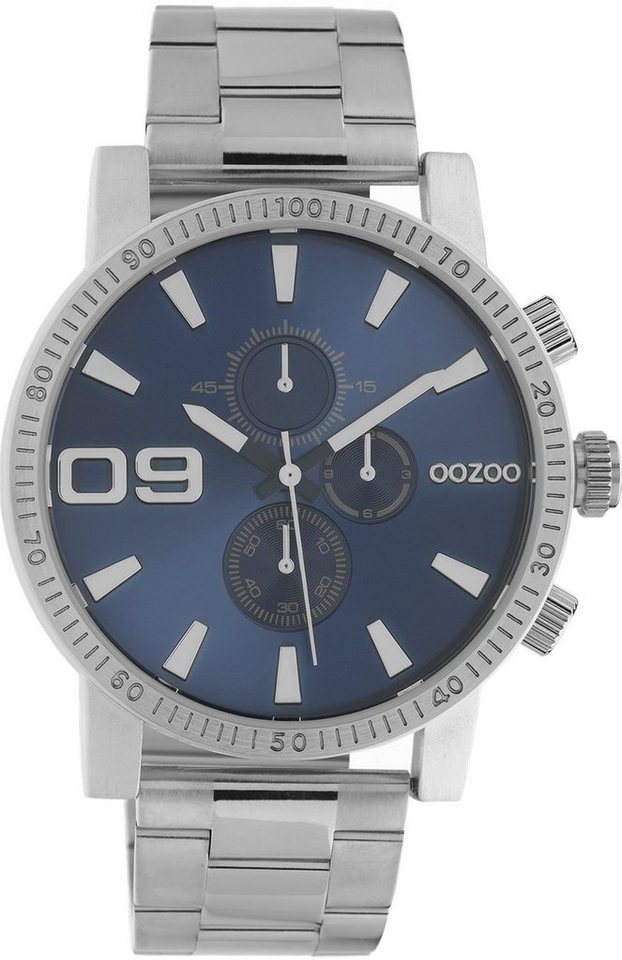 OOZOO Quarzuhr Oozoo Herren Armbanduhr Edelstahl Analog, Herrenuhr rund,  groß (ca. 45mm) Edelstahlarmband, Elegant-Style, blaues Ziffernblatt