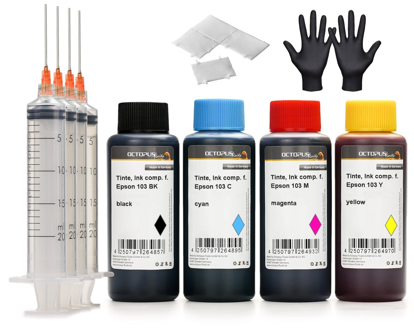 OCTOPUS Fluids Druckertinten Set für Epson 103 Druckertintentank, EcoTank L3110, Nachfülltinte (für Epson, Spar-Set, 4x 100 ml, Komplettset mit allen Farben, Refillspritzen, Handschuhen und Tupfer) CMYK 4x100ml