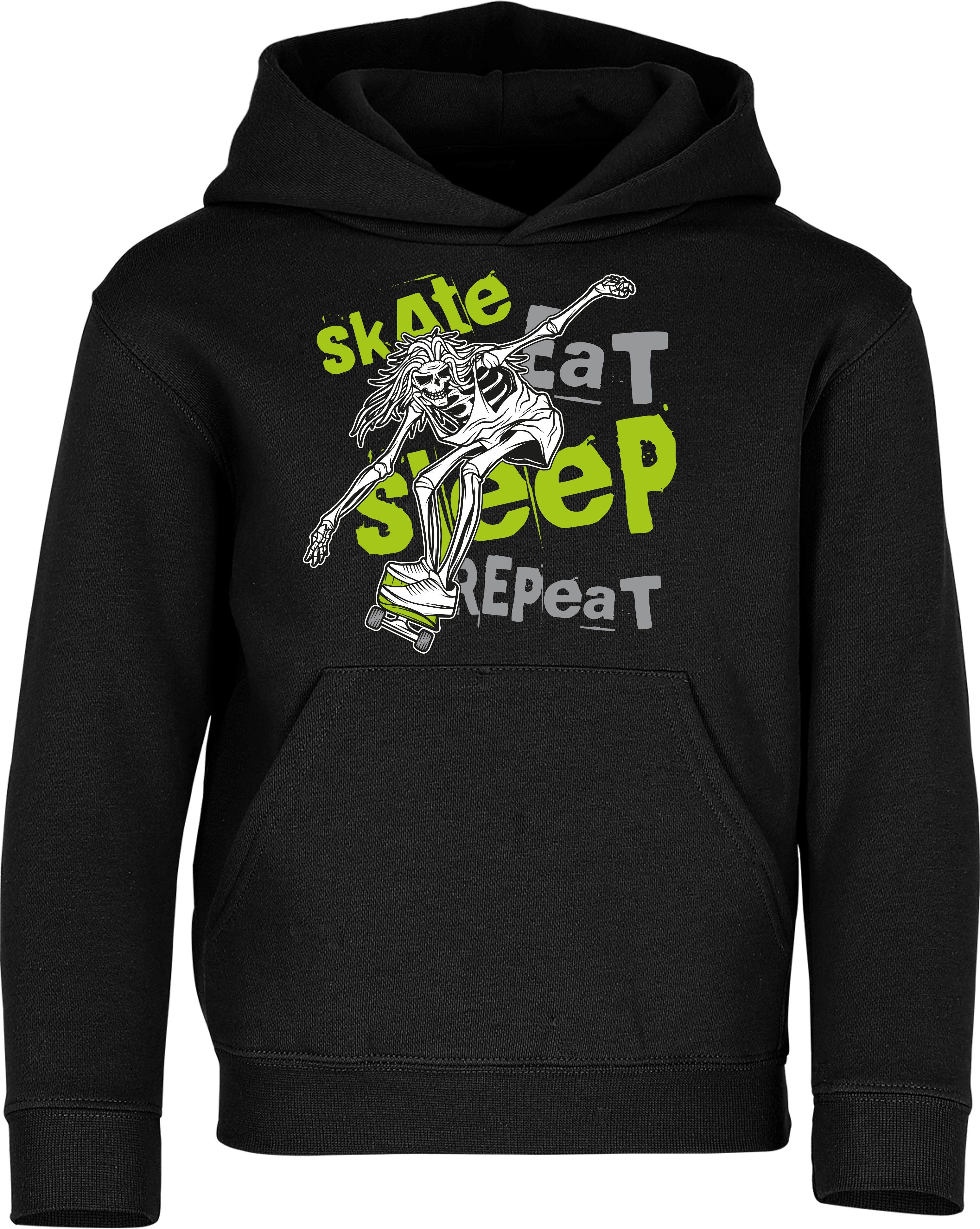 Baddery Kapuzenpullover Kinder Hoodie : Skate Eat Sleep Repeat - Pulli Skateboard Skaten hochwertiger Siebdruck Schwarz
