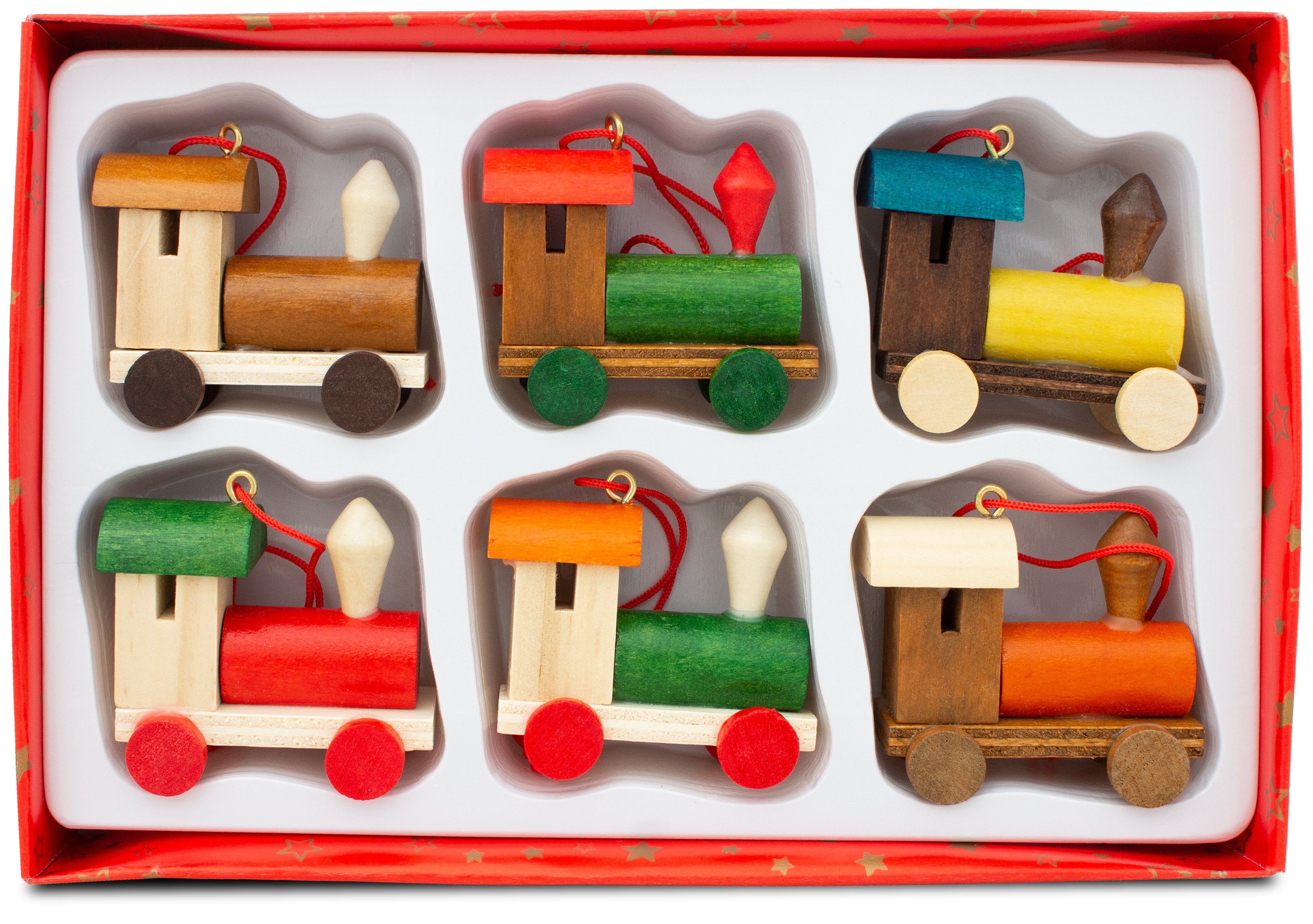BRUBAKER Christbaumschmuck Eisenbahn Christbaumanhänger Set (6-tlg), Baumschmuck Lokomotiven Anhänger, aus Holz, 4,5 cm hoch