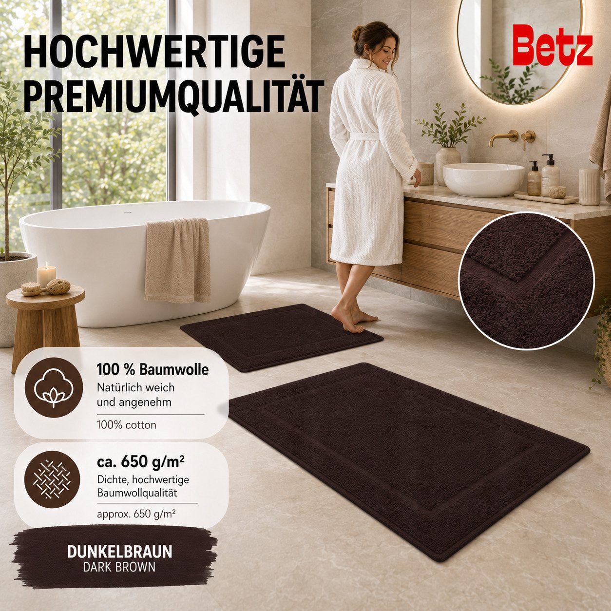 Betz Badematte 2 Stück Badvorleger Premium Badteppich Größe 50x70 cm, unbeschichtet, beidseitig nutzbar, beidseitig nutzbar, Baumwolle, Qualität 650g/m² – Bild 4 von 5