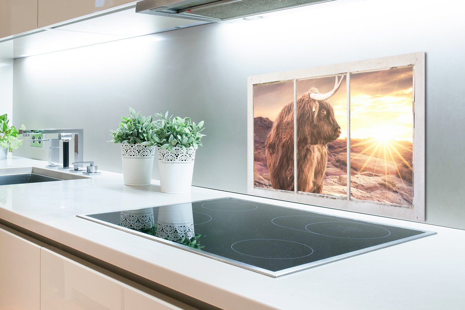 MuchoWow Küchenrückwand Schottischer Temperaturbeständig (1-tlg), aus Highlander küchen - - Wandschutz, 60x40 Herdblende Sonnenuntergang, cm, Aussicht