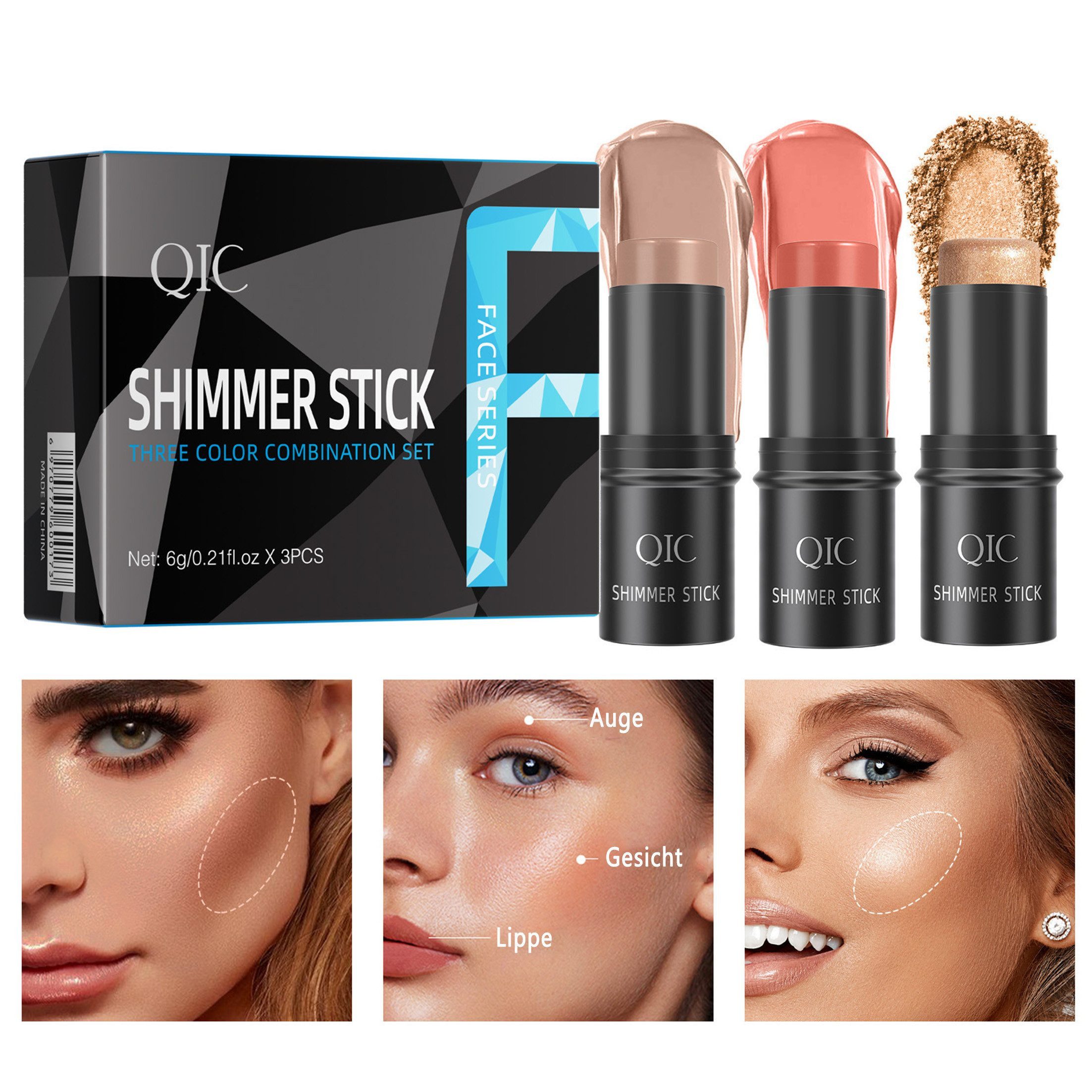 KINSI Contouring-Stick Shimmer Stick 3er Set,Konturierstift Bronzer,Rouge & Highlighter Stick, 3-tlg., seidige Textur, wasserfest, zum Formen von Gesichtskonturen